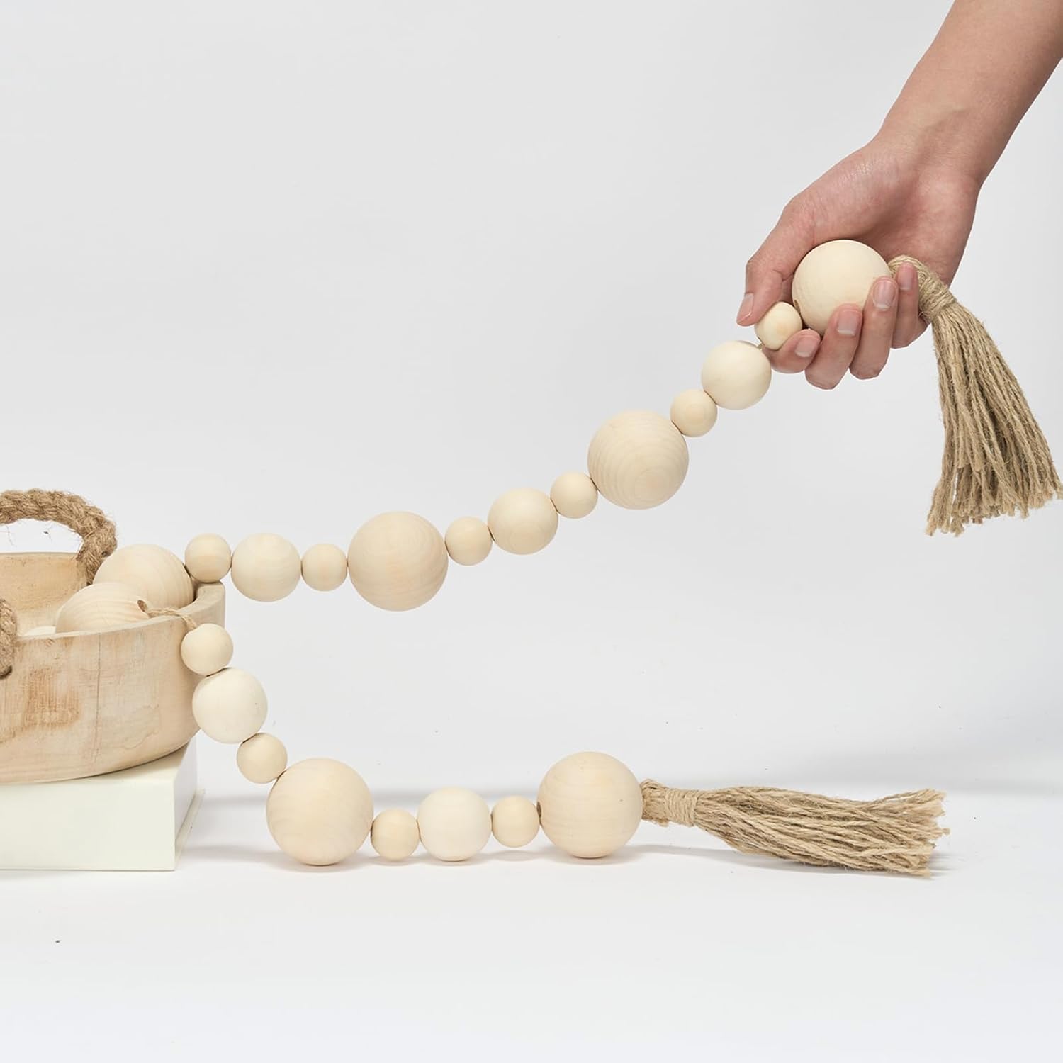 2&#34; Extra Large Wood Bead Garland with Tassels, 44&#34; Long Rustic Farmhouse Wooden Beads Garland, Decorative Beads Boho Decorations for Home Table Mantle Natural Beige