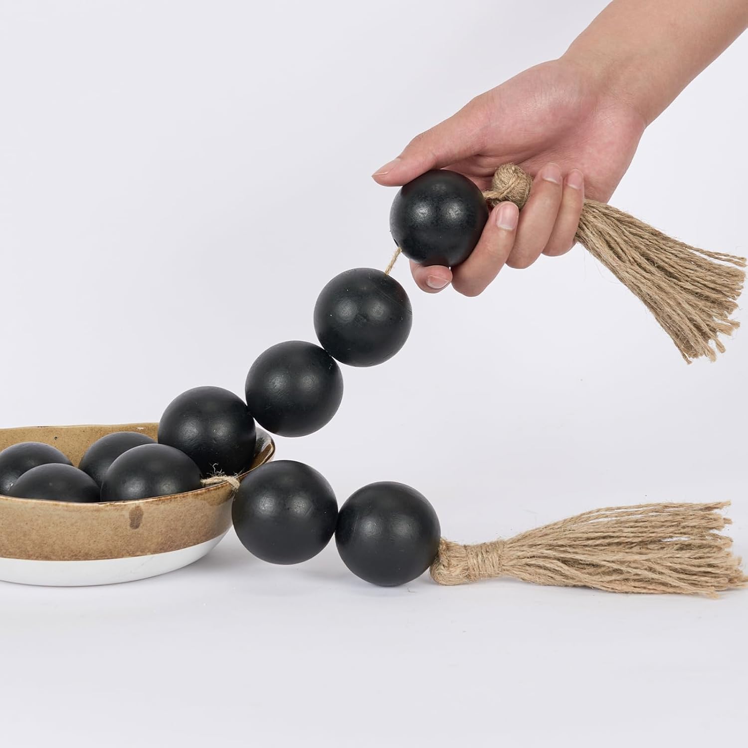 OMISHE Extra Large Wood Bead Garland with 2&#34; Diameter Wooden Beads, 41&#34; Long Rustic Farmhouse Wooden Beads Garland with Tassels, Decorative Beads Boho Decorations for Home Table Mantle Black