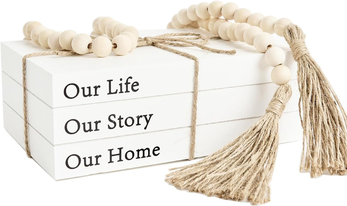 Decorative Books for Home Decor, White Faux Books for Decoration, Rustic Farmhouse Stacked Display Books (Our Life Our Story Our Home)