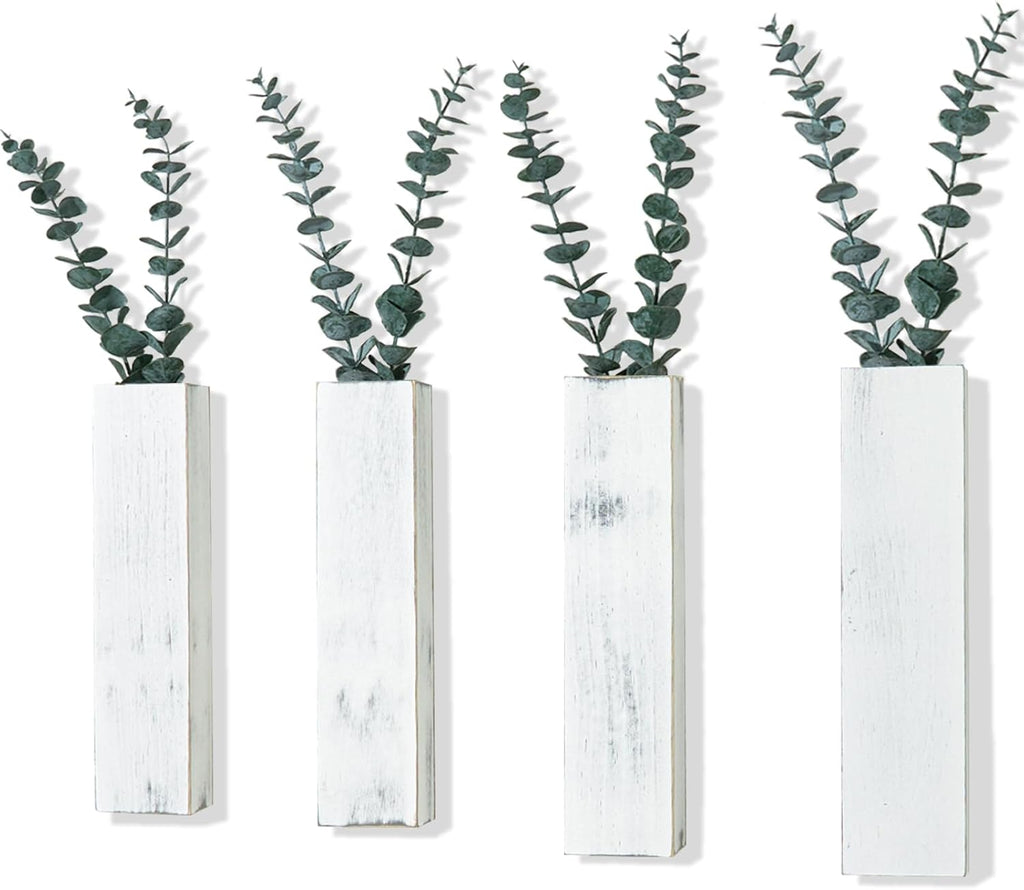 4 Pack Wood Wall Planters with 8 Pcs Artificial Eucalyptus, Plant Wall Decor for Living Room, Bedroom, Bathroom, Office, Wall Hanging Decor Wall Vase with Faux Plants, Rustic White