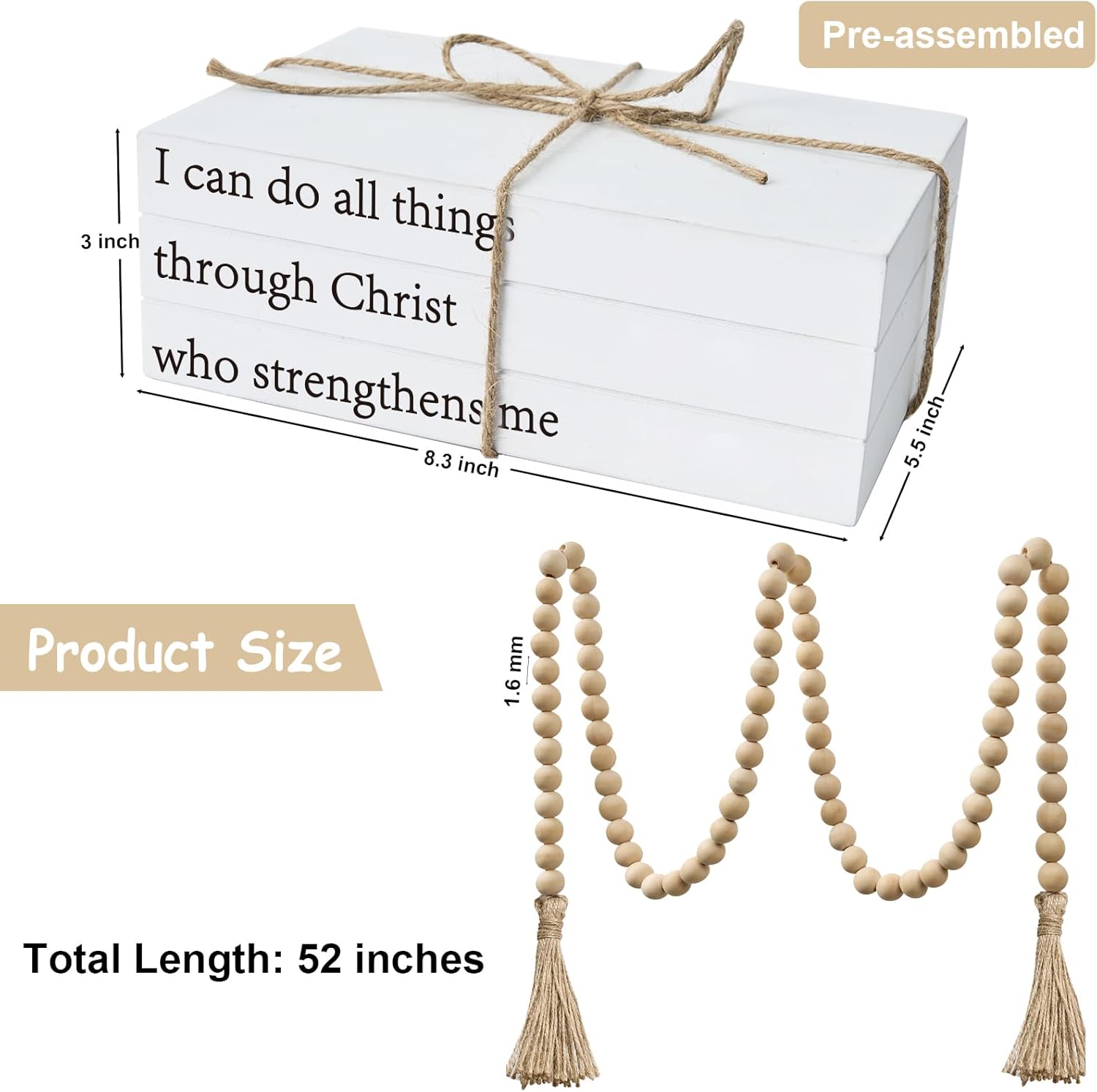 Decorative Books for Home Decor, White Faux Books for Decoration, Rustic Farmhouse Stacked Books with 52in Wood Bead Garland for Coffee Table Mantle Fireplace (I can do All Things Through Christ)