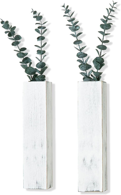 2 Packs Wood Wall Planters with Artificial Plant Eucalyptus, Plant Wall Decor for Living Room, Bedroom, Dining Room, Bathroom, Office, Wall Hanging Decor Wall Vase with Faux Plants, Rustic White