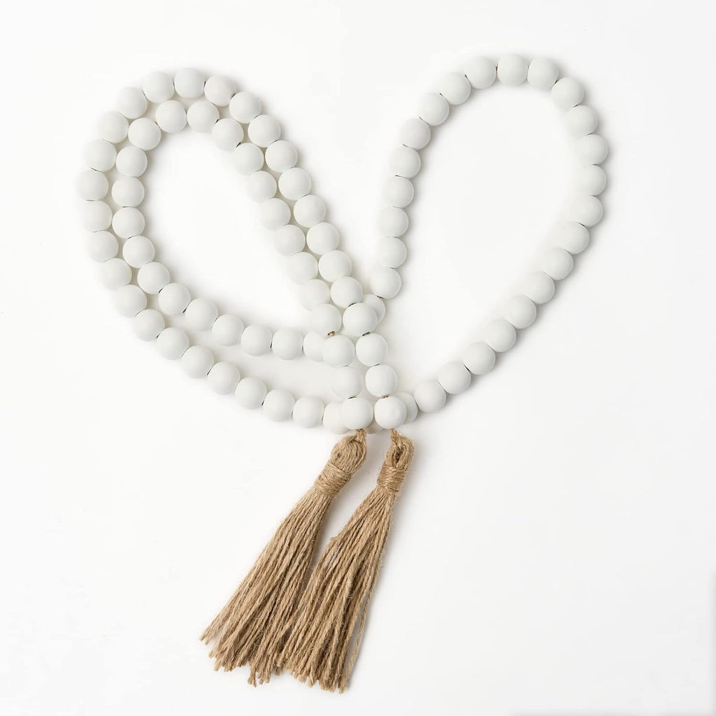 OMISHE 59in Wood Bead Garland with Tassels, Decorative Beads, Farmhouse Wooden Beads Garland for Wall Hanging Home Festival Decor, White