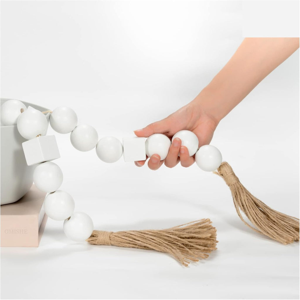 OMISHE White Extra Large Wood Bead Garland with 1.6&#34; Diameter Wooden Beads and Tassels, 41.5&#34; Long Rustic Farmhouse Country Boho Decorative Beads for Home Decor Tiered Tray Decor