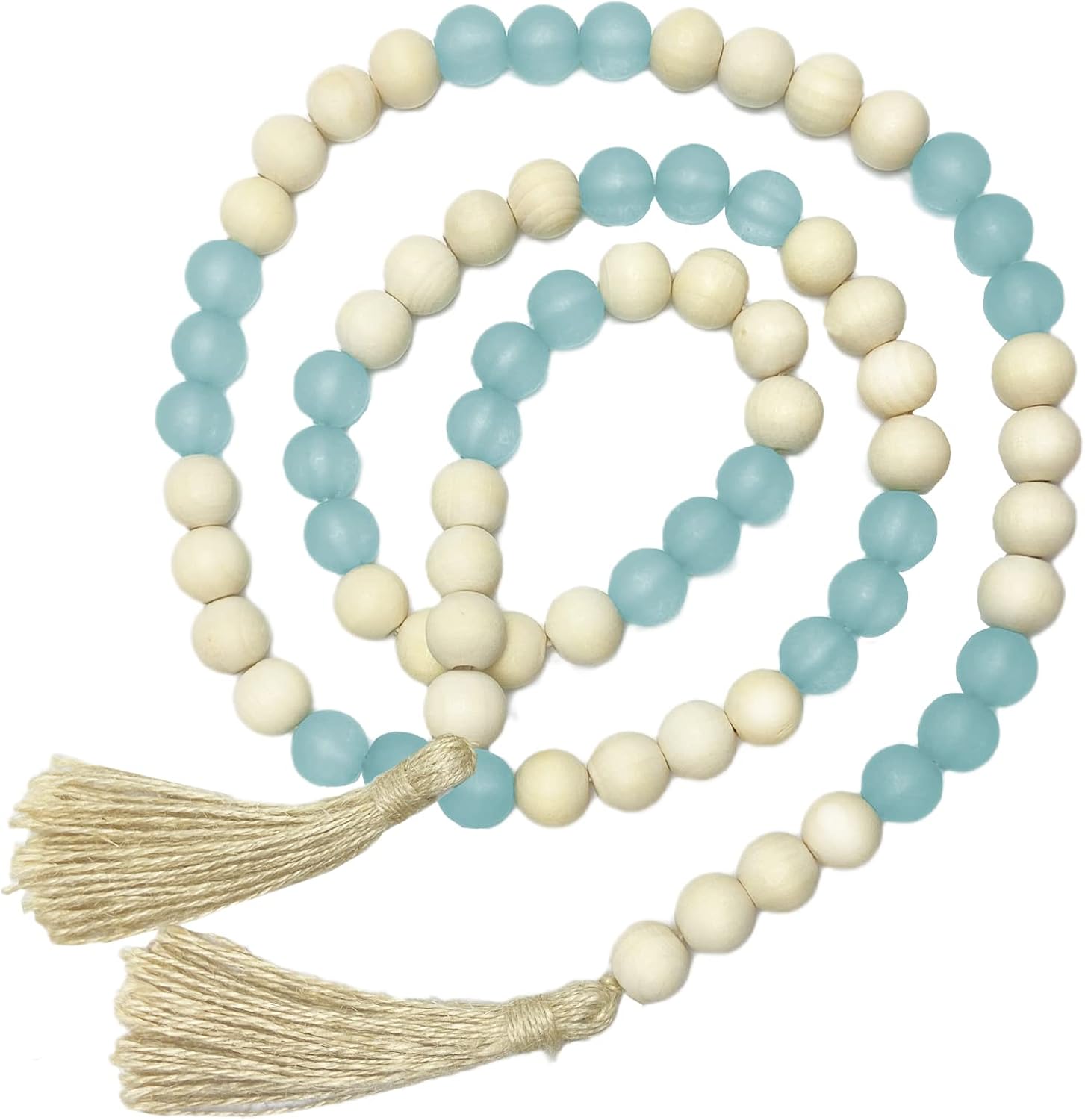 OMISHE Wood Bead Garland with Tassels 52 Inches, Handmade Wooden Beads with Round Acrylic Beads, Boho Farmhouse Wooden Decorative Beads for Home Tiered Tray Beach Decor, Light Blue