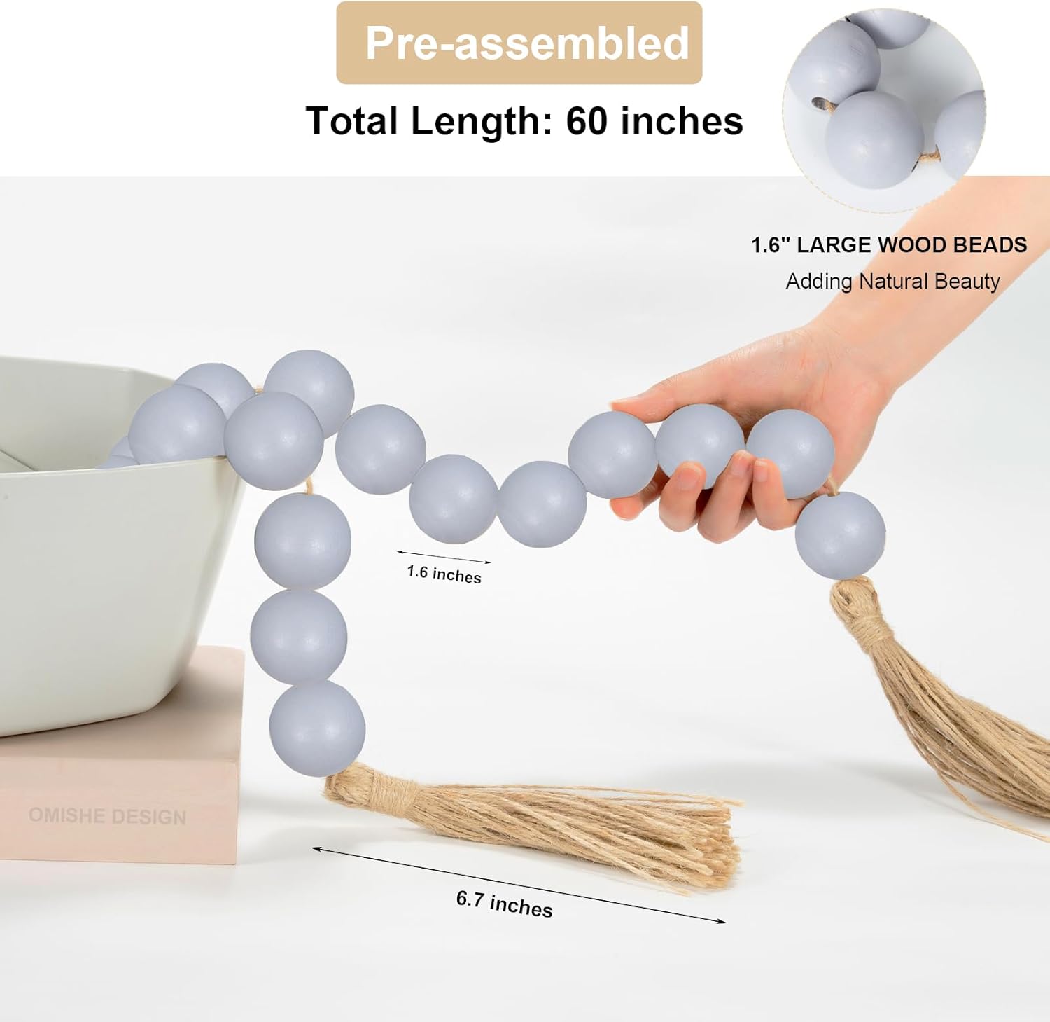 OMISHE 60&#34; Long Extra Large Wood Bead Garland Grey with 1.6&#34; Diameter Wooden Beads and Tassels, Rustic Farmhouse Country Decorative Beads for Home Tiered Tray Decor, Grey