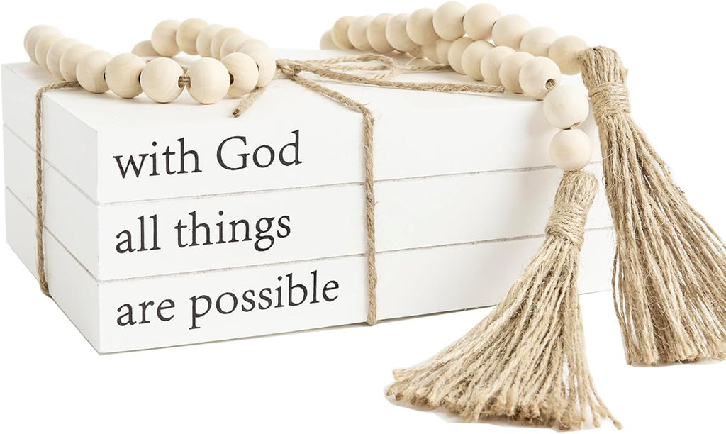 Decorative Books for Home Decor, White Faux Books for Decoration, Rustic Farmhouse Stacked Display Books (with God All Things are Possible)