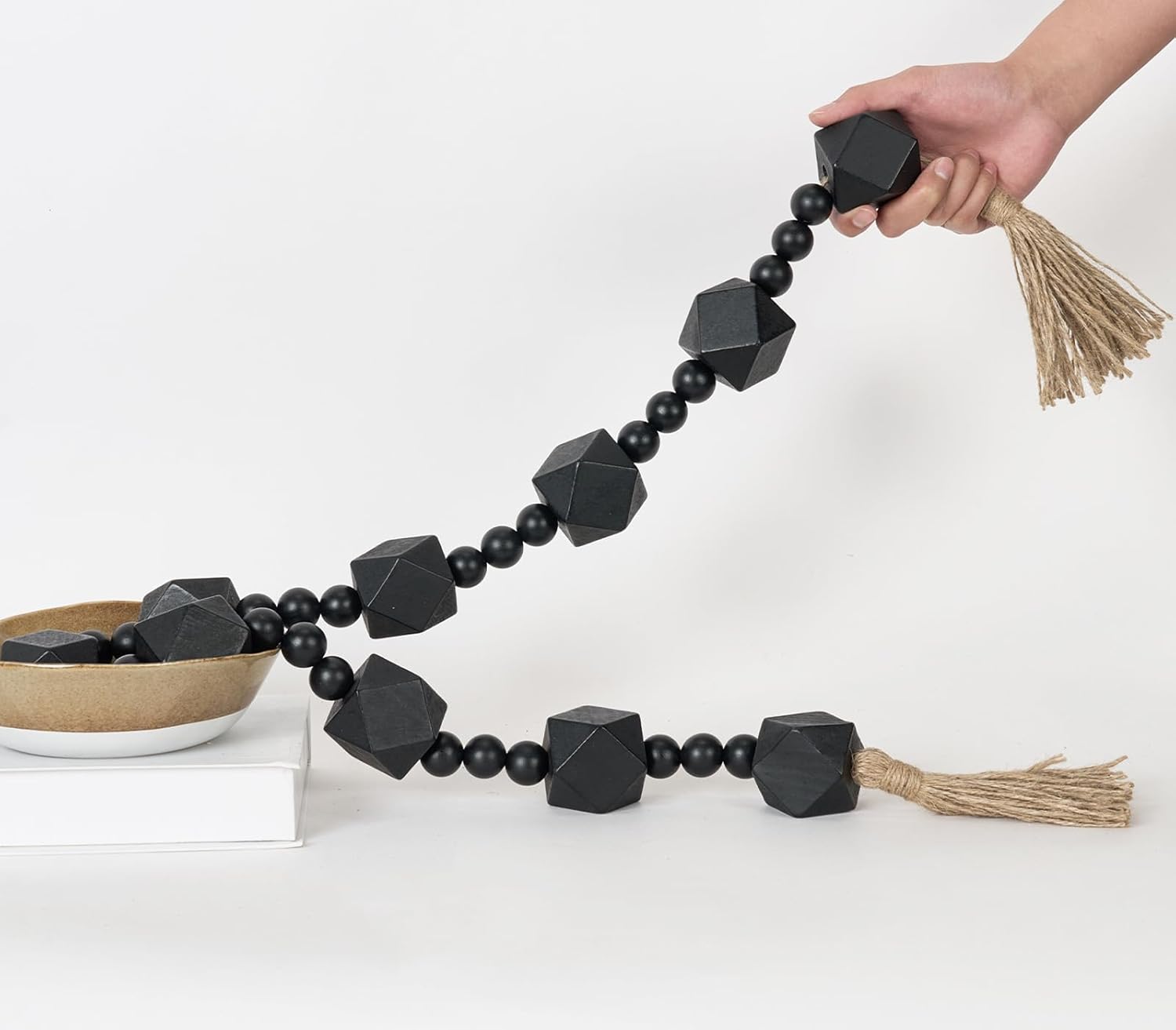 2&#34; Octagonal Extra Large Wood Bead Garland with Tassels, 55&#34; Long Rustic Farmhouse Wooden Beads Garland, Decorative Beads Boho Decorations for Home Table Mantle Black
