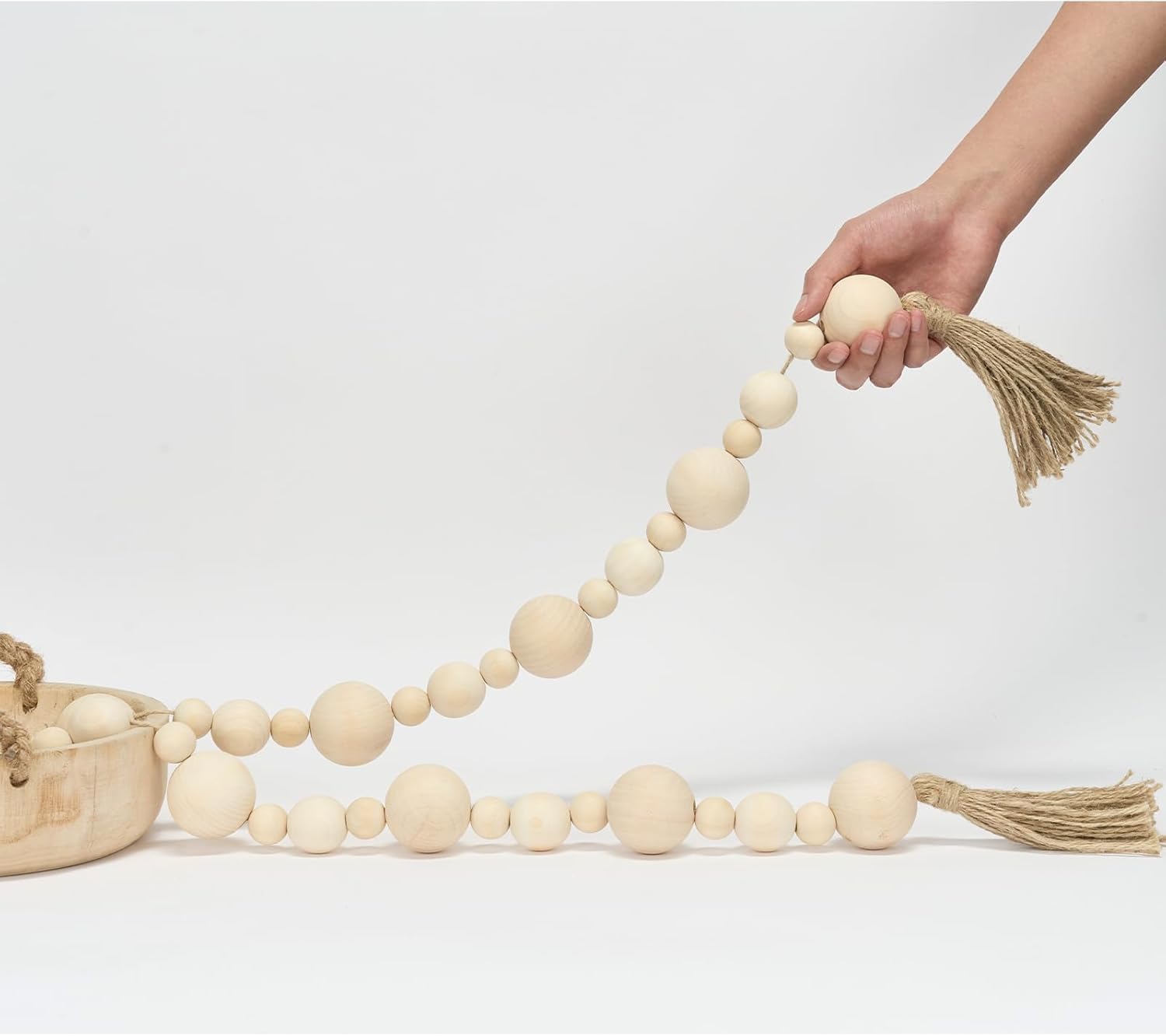 2&#34; Extra Large Wood Bead Garland with Tassels, 60&#34; Long Rustic Farmhouse Wooden Beads Garland, Decorative Beads Boho Decorations for Home Table Mantle Natural Beige