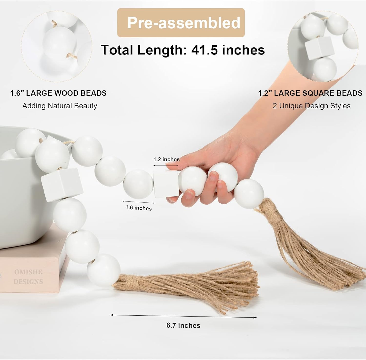 OMISHE White Extra Large Wood Bead Garland with 1.6&#34; Diameter Wooden Beads and Tassels, 41.5&#34; Long Rustic Farmhouse Country Boho Decorative Beads for Home Decor Tiered Tray Decor
