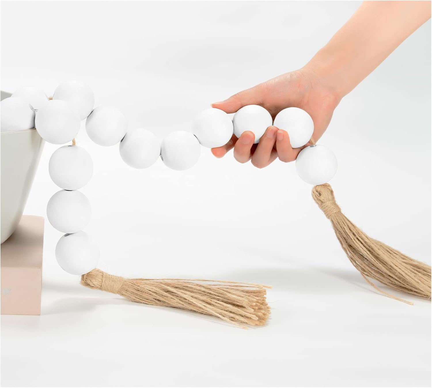 OMISHE 60&#34; Long Extra Large Wood Bead Garland with 1.6&#34; Diameter Wooden Beads and Tassels, Rustic Farmhouse Country Decorative Beads for Home Tiered Tray Decor, White