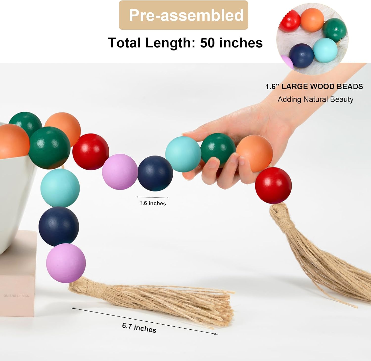 OMISHE 50&#34; Long Extra Large Wood Bead Garland with 1.6&#34; Diameter Wooden Beads and Tassels, Rustic Farmhouse Country Decorative Beads for Home Tiered Tray Decor, Colorful