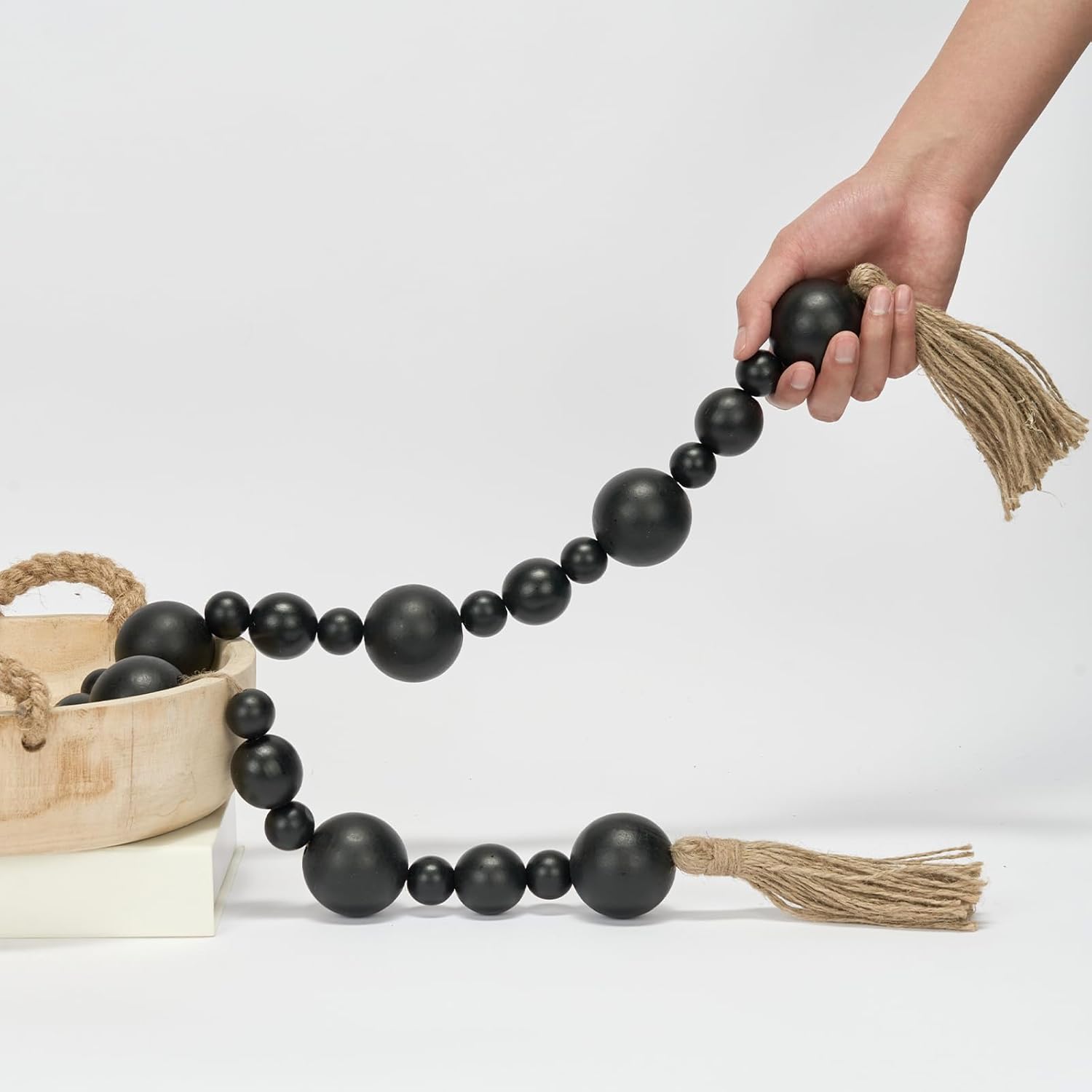 2&#34; Extra Large Wood Bead Garland with Tassels, 44&#34; Long Rustic Farmhouse Wooden Beads Garland, Decorative Beads Boho Decorations for Home Table Mantle Black