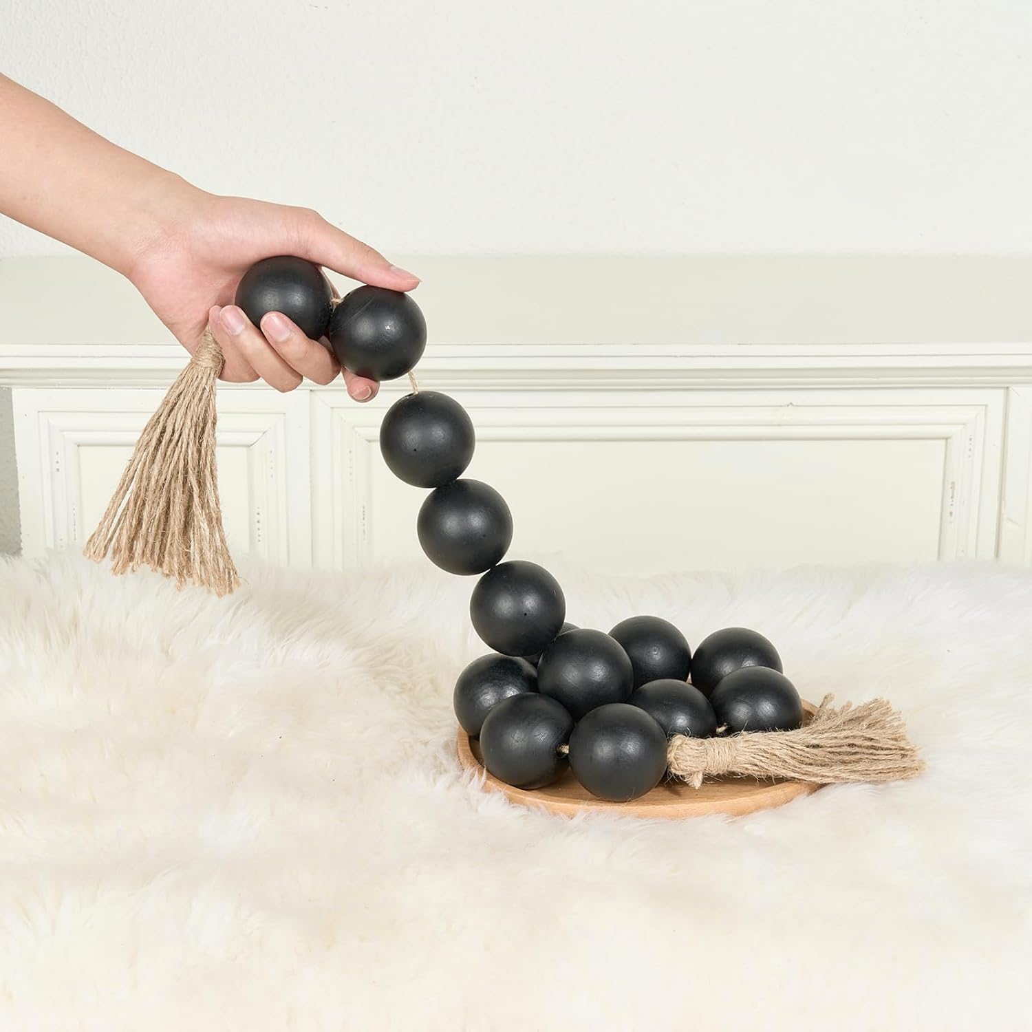 OMISHE Extra Large Wood Bead Garland with 2&#34; Diameter Wooden Beads, 49&#34; Long Rustic Farmhouse Wooden Beads Garland with Tassels, Decorative Beads Boho Decorations for Home Table Mantle Black