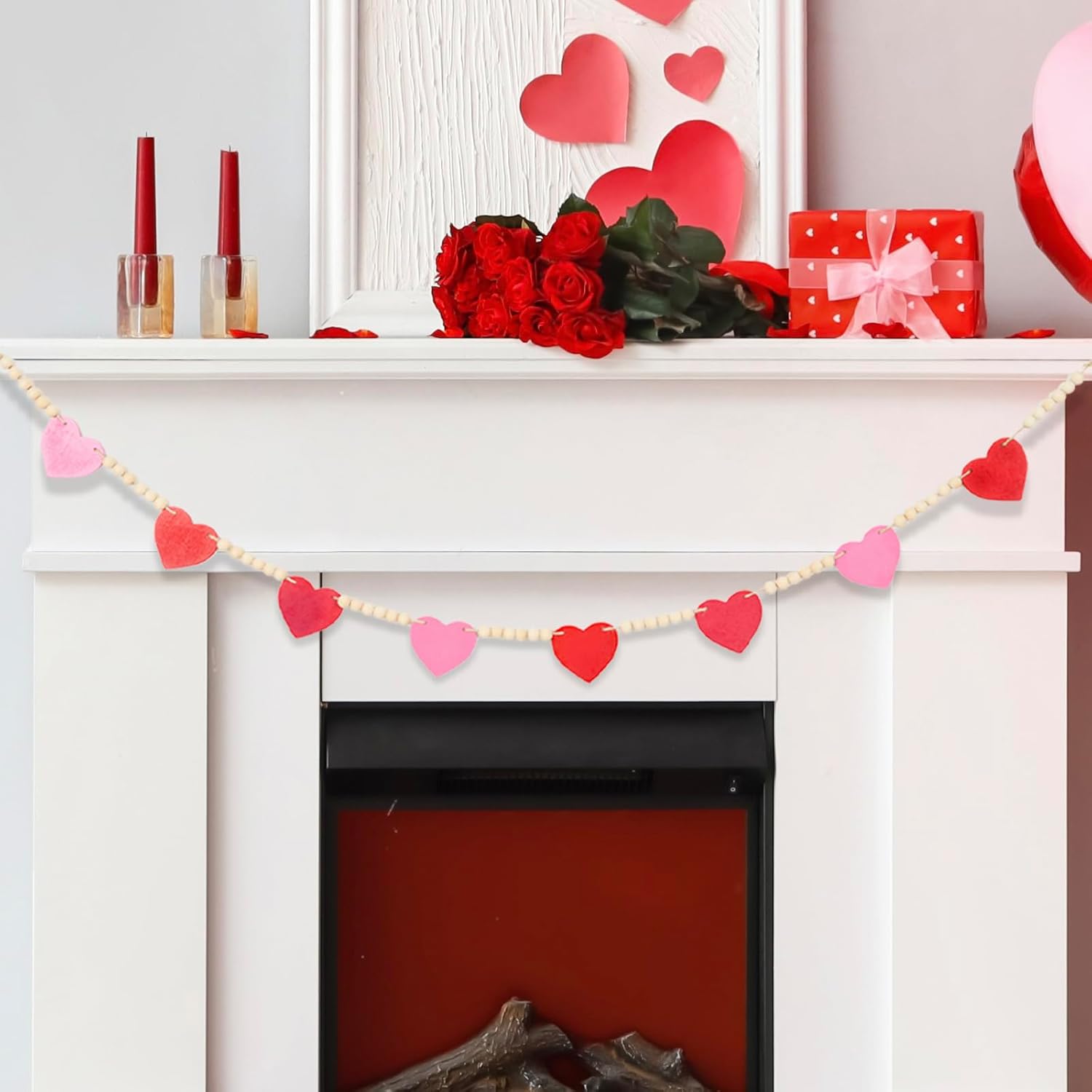 5 FT Wood Heart Wooden Bead Garland Red Pink for Valentines Day Decor, Rustic Valentines Day Hanging Decor, Valentines Day Decorations Banner for Mantle, Fireplace, Wall, Home, Office, House