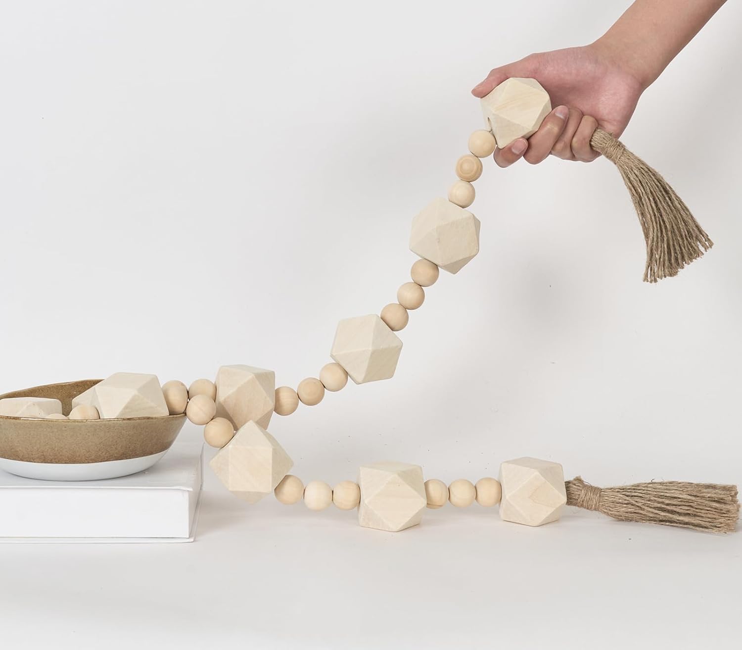 2&#34; Octagonal Extra Large Wood Bead Garland with Tassels, 55&#34; Long Rustic Farmhouse Wooden Beads Garland, Decorative Beads Boho Decorations for Home Table Mantle Natural Beige