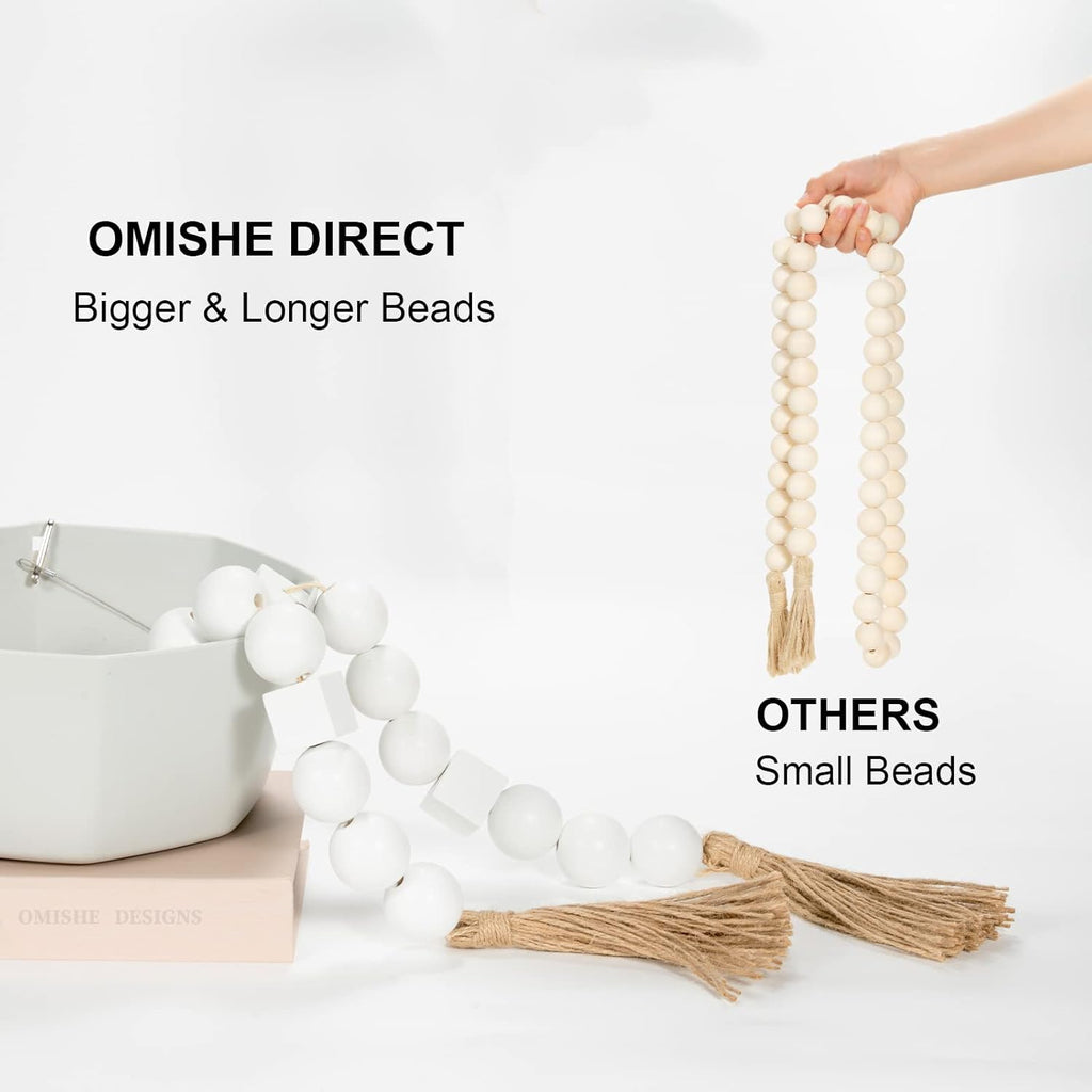 OMISHE White Extra Large Wood Bead Garland with 1.6&#34; Diameter Wooden Beads and Tassels, 41.5&#34; Long Rustic Farmhouse Country Boho Decorative Beads for Home Decor Tiered Tray Decor