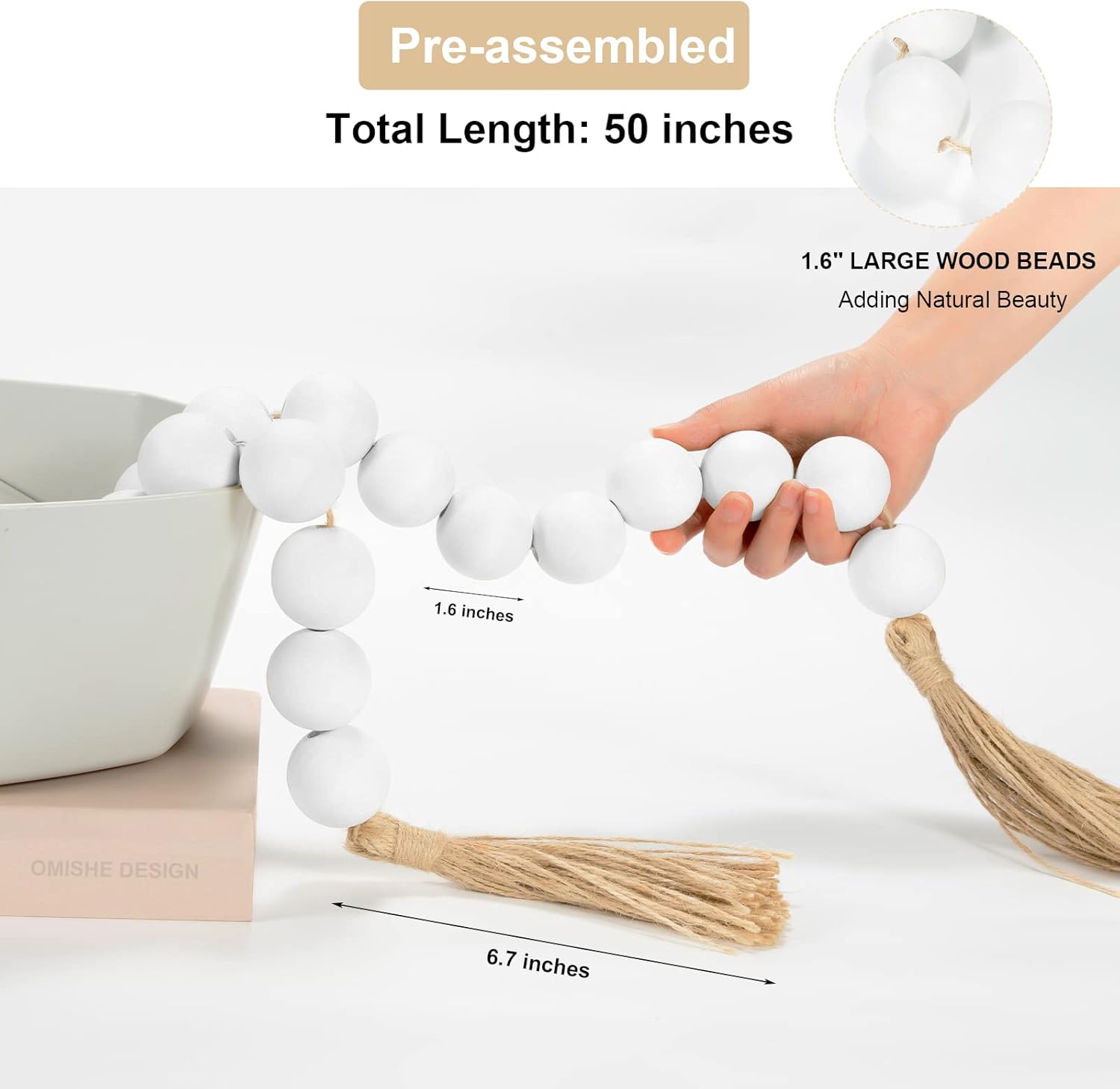 OMISHE 50&#34; Long Extra Large Wood Bead Garland with 1.6&#34; Diameter Wooden Beads and Tassels, Rustic Farmhouse Country Decorative Beads for Home Tiered Tray Decor, White