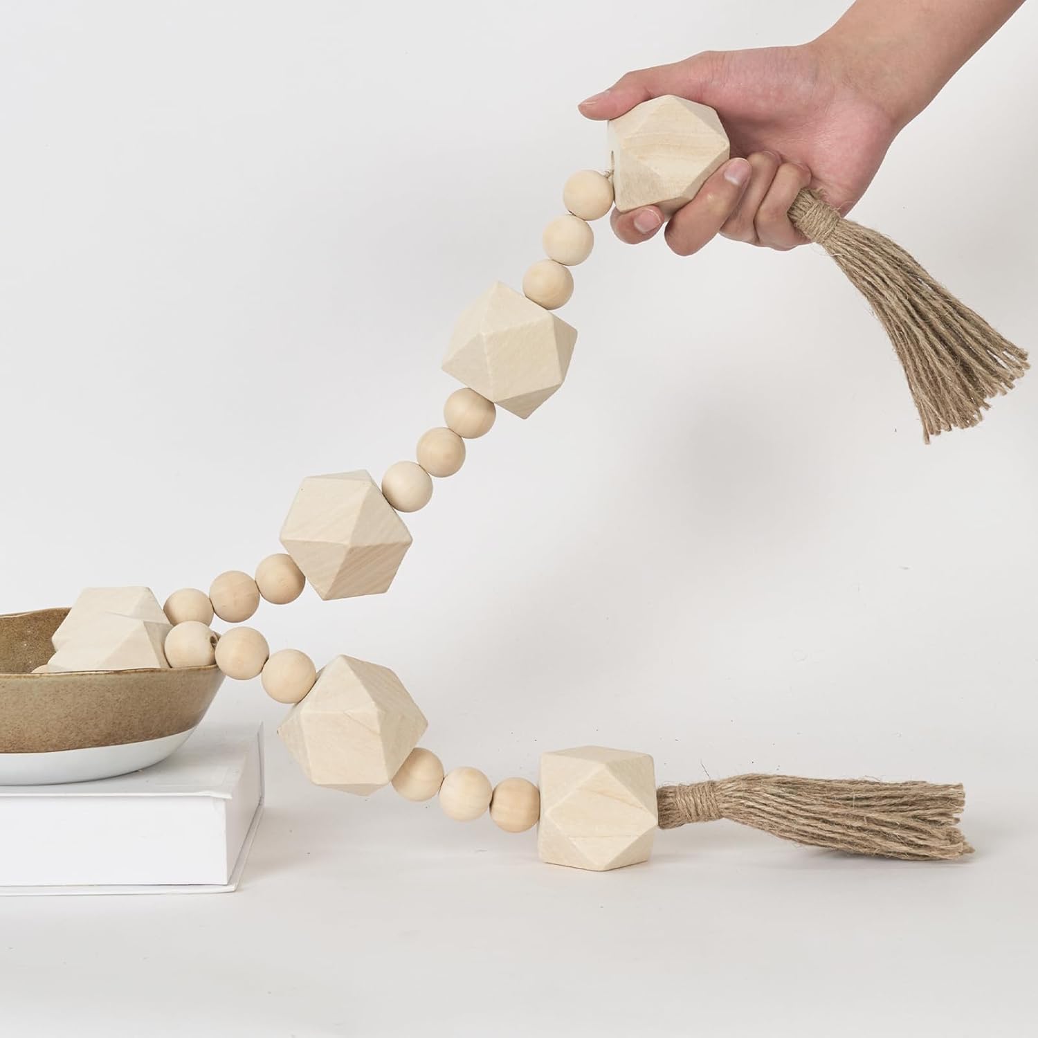 Extra Large Wood Bead Garland with 2&#34; Diameter Wooden Beads, 42&#34; Long Rustic Farmhouse Wooden Beads Garland with Tassels, Decorative Beads Boho Decorations for Home Table Mantle Natural Beige