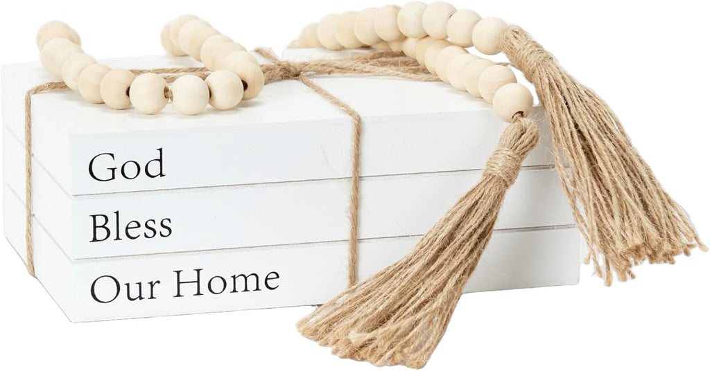 Decorative Books for Home Decor, White Faux Books for Decoration, Rustic Farmhouse Stacked Display Books (God Bless Our Home)