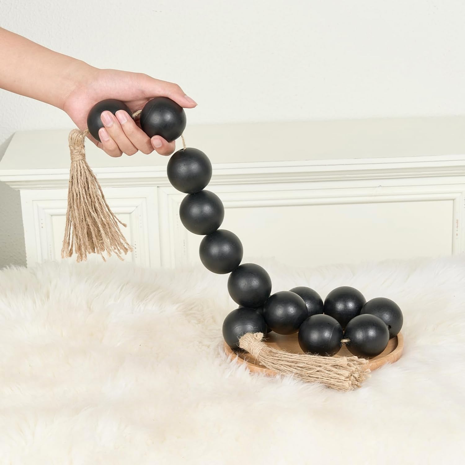 OMISHE Extra Large Wood Bead Garland with 2&#34; Diameter Wooden Beads, 41&#34; Long Rustic Farmhouse Wooden Beads Garland with Tassels, Decorative Beads Boho Decorations for Home Table Mantle Black