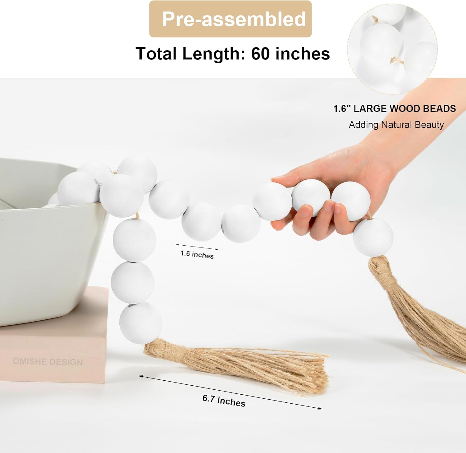OMISHE 60&#34; Long Extra Large Wood Bead Garland with 1.6&#34; Diameter Wooden Beads and Tassels, Rustic Farmhouse Country Decorative Beads for Home Tiered Tray Decor, White