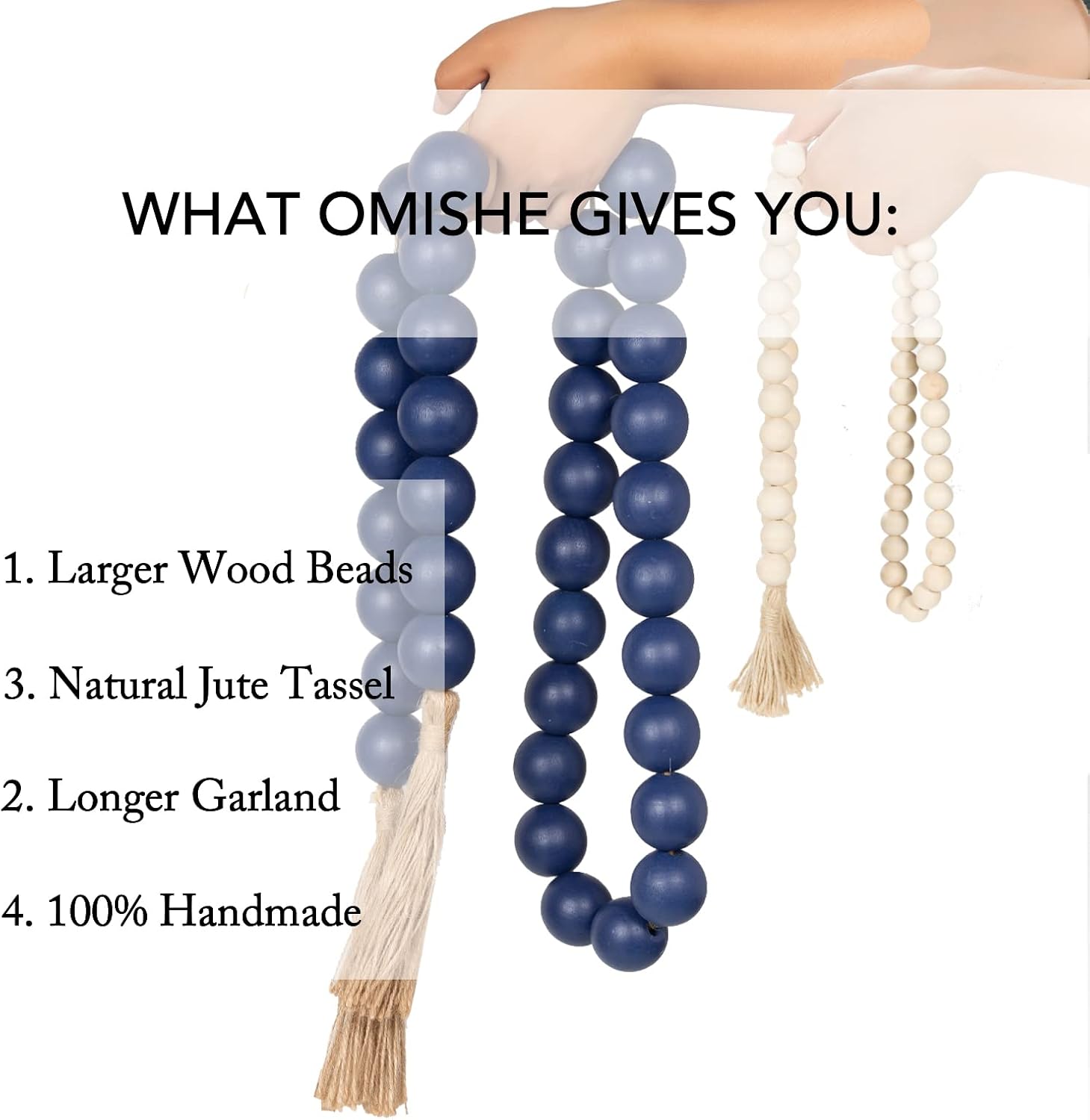OMISHE 76&#34; Long Extra Large Wood Bead Garland Navy Blue with 1.6&#34; Diameter Wooden Beads and Tassels, Rustic Farmhouse Country Decorative Beads for Home Decor Tiered Tray Decor, Navy Blue