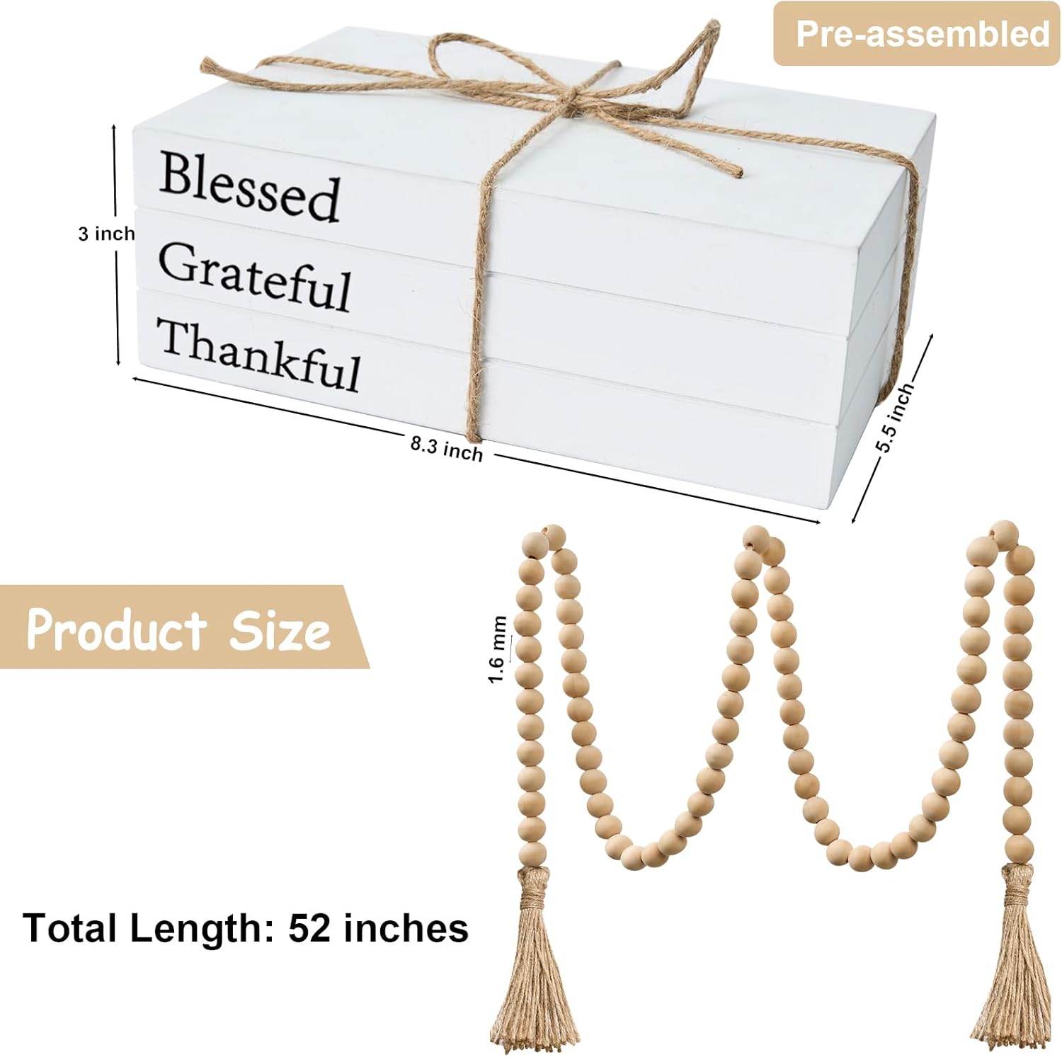 OMISHE Decorative Books for Home Decor, White Faux Books for Decoration, Rustic Farmhouse Stacked Display Decor Book with Wood Bead Garland for Coffee Tables Living Room (Blessed)