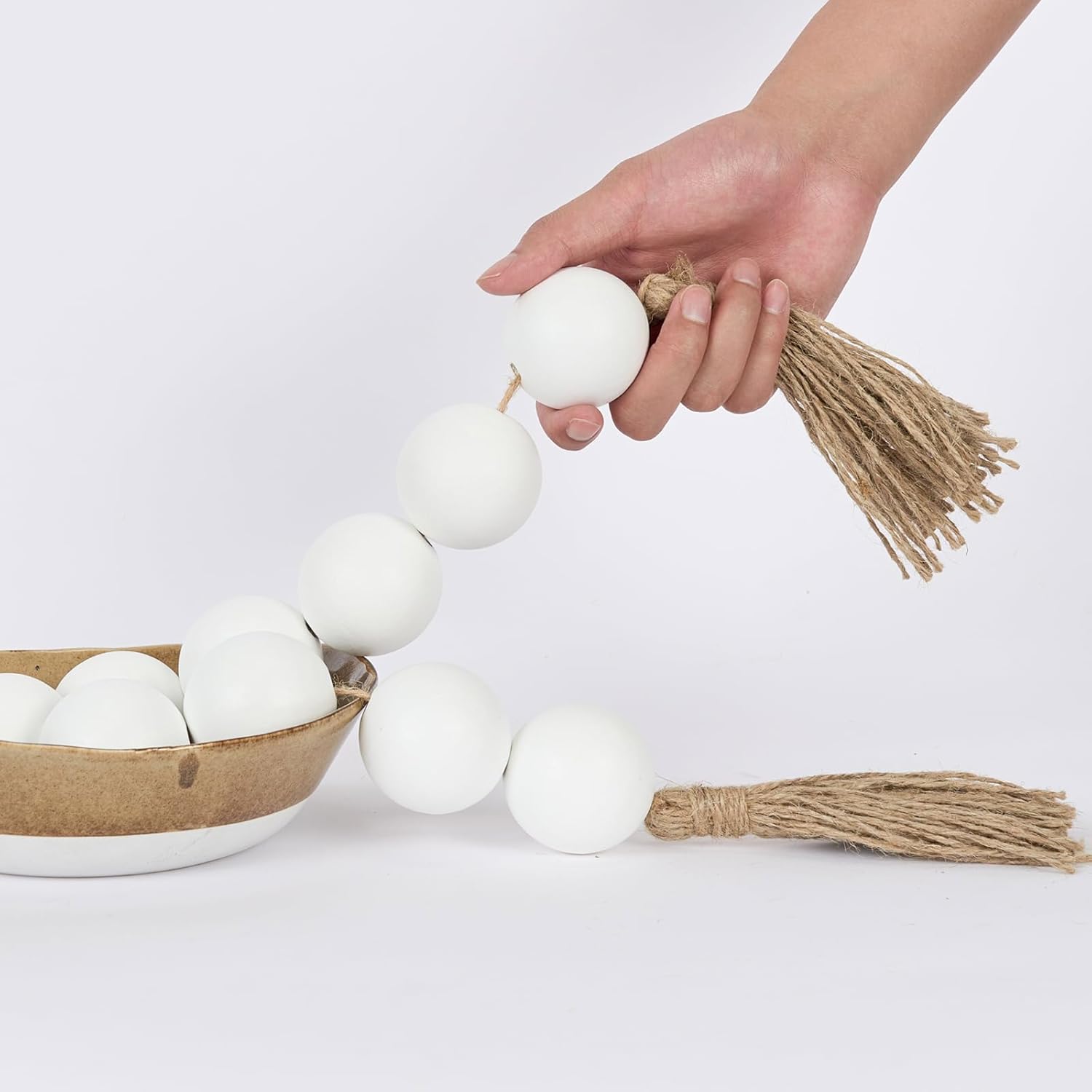 OMISHE Extra Large Wood Bead Garland with 2&#34; Diameter Wooden Beads, 33&#34; Long Rustic Farmhouse Wooden Decorative Beads Boho Decorations for Home Table Mantle, White