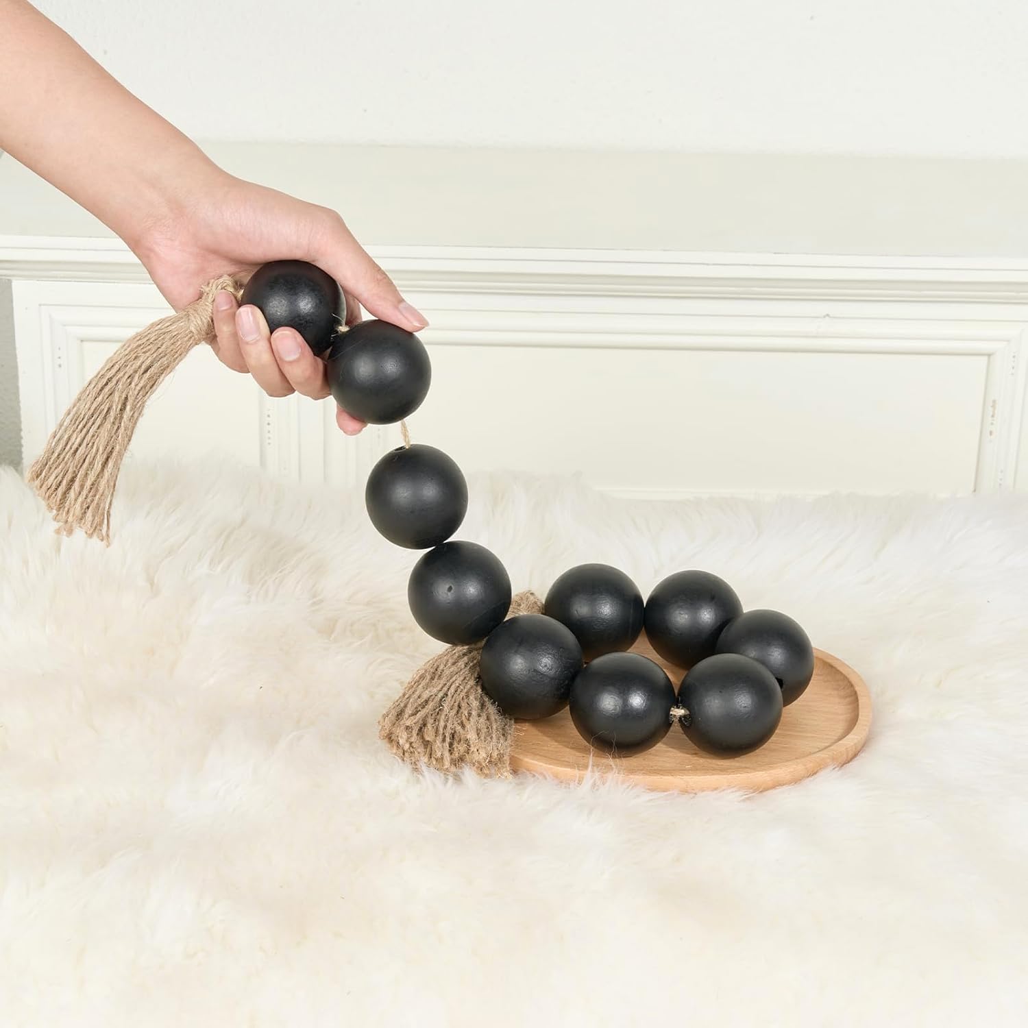 OMISHE Extra Large Wood Bead Garland with 2&#34; Diameter Wooden Beads, 33&#34; Long Rustic Farmhouse Wooden Beads Garland with Tassels, Decorative Beads Boho Decorations for Home Table Mantle Black