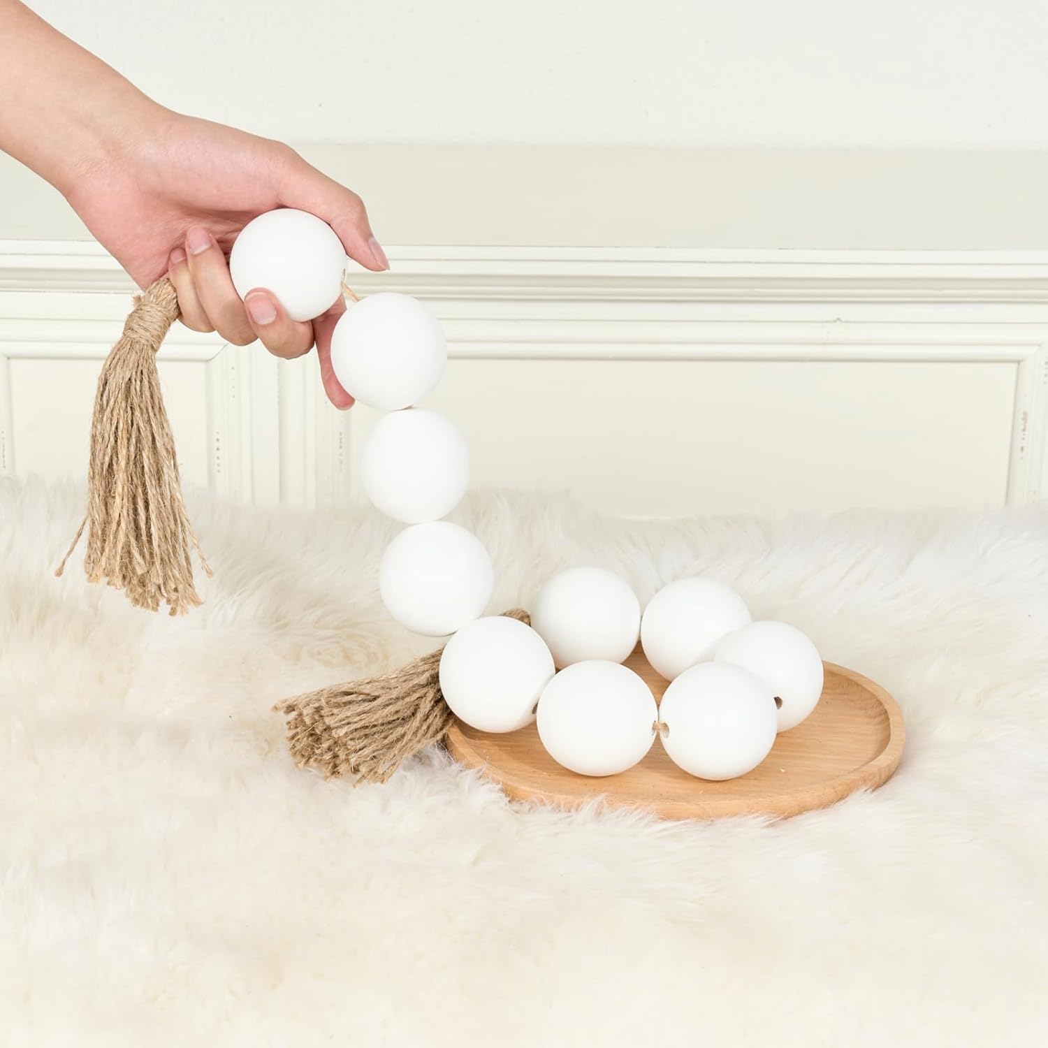 OMISHE Extra Large Wood Bead Garland with 2&#34; Diameter Wooden Beads, 33&#34; Long Rustic Farmhouse Wooden Decorative Beads Boho Decorations for Home Table Mantle, White