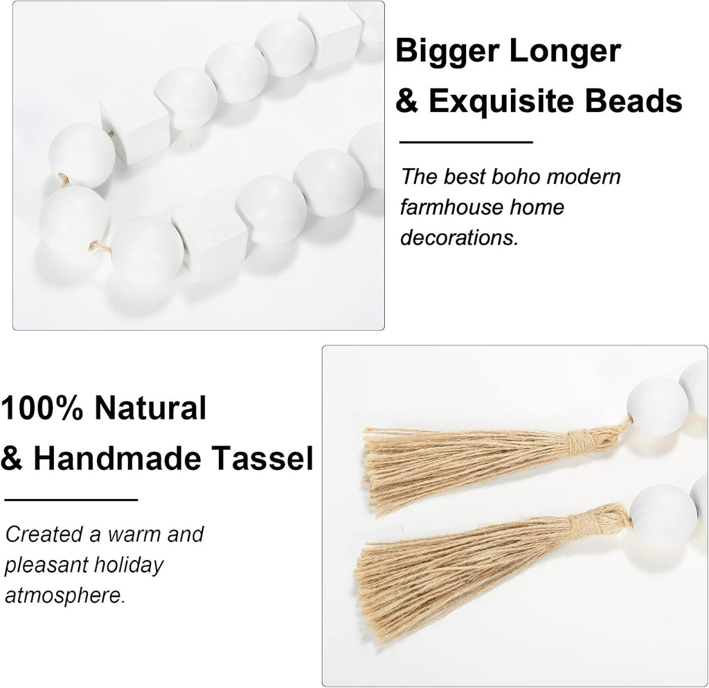 OMISHE White Extra Large Wood Bead Garland with 1.6&#34; Diameter Wooden Beads and Tassels, 41.5&#34; Long Rustic Farmhouse Country Boho Decorative Beads for Home Decor Tiered Tray Decor