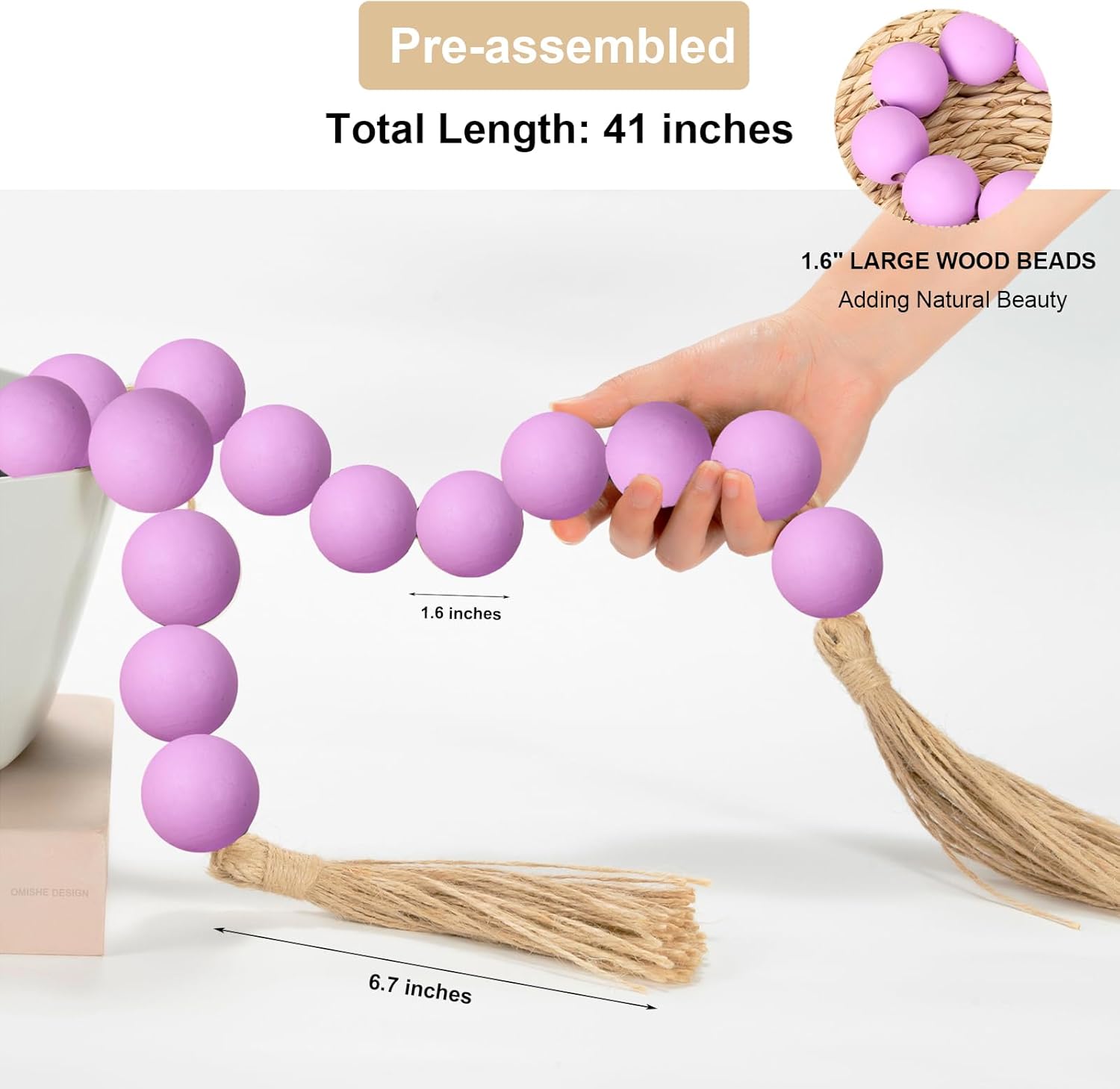 OMISHE Extra Large Wood Bead Garland Purple with 1.6&#34; Diameter Wooden Beads and Tassels, 41&#34; Long Rustic Farmhouse Country Decorative Beads for Home Tiered Tray Decor, Purple