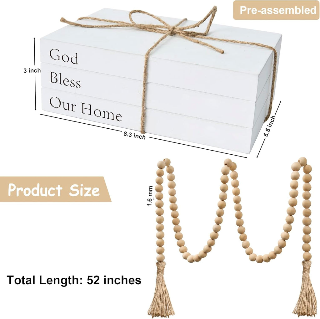 Decorative Books for Home Decor, White Faux Books for Decoration, Rustic Farmhouse Stacked Display Books (God Bless Our Home)