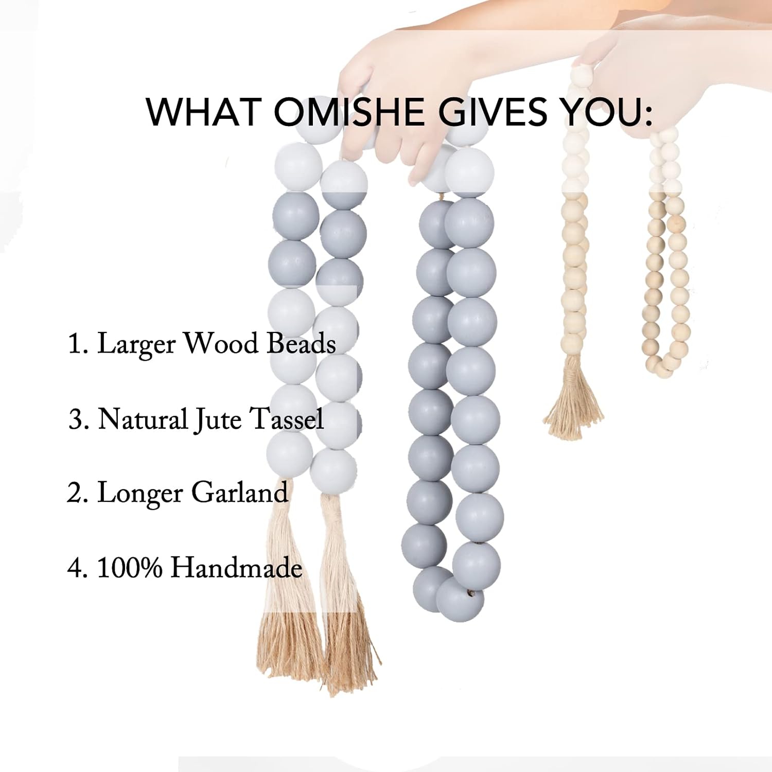 OMISHE 76&#34; Long Extra Large Wood Bead Garland Grey with 1.6&#34; Diameter Wooden Beads and Tassels, Rustic Farmhouse Country Decorative Beads for Home Tiered Tray Decor, Grey