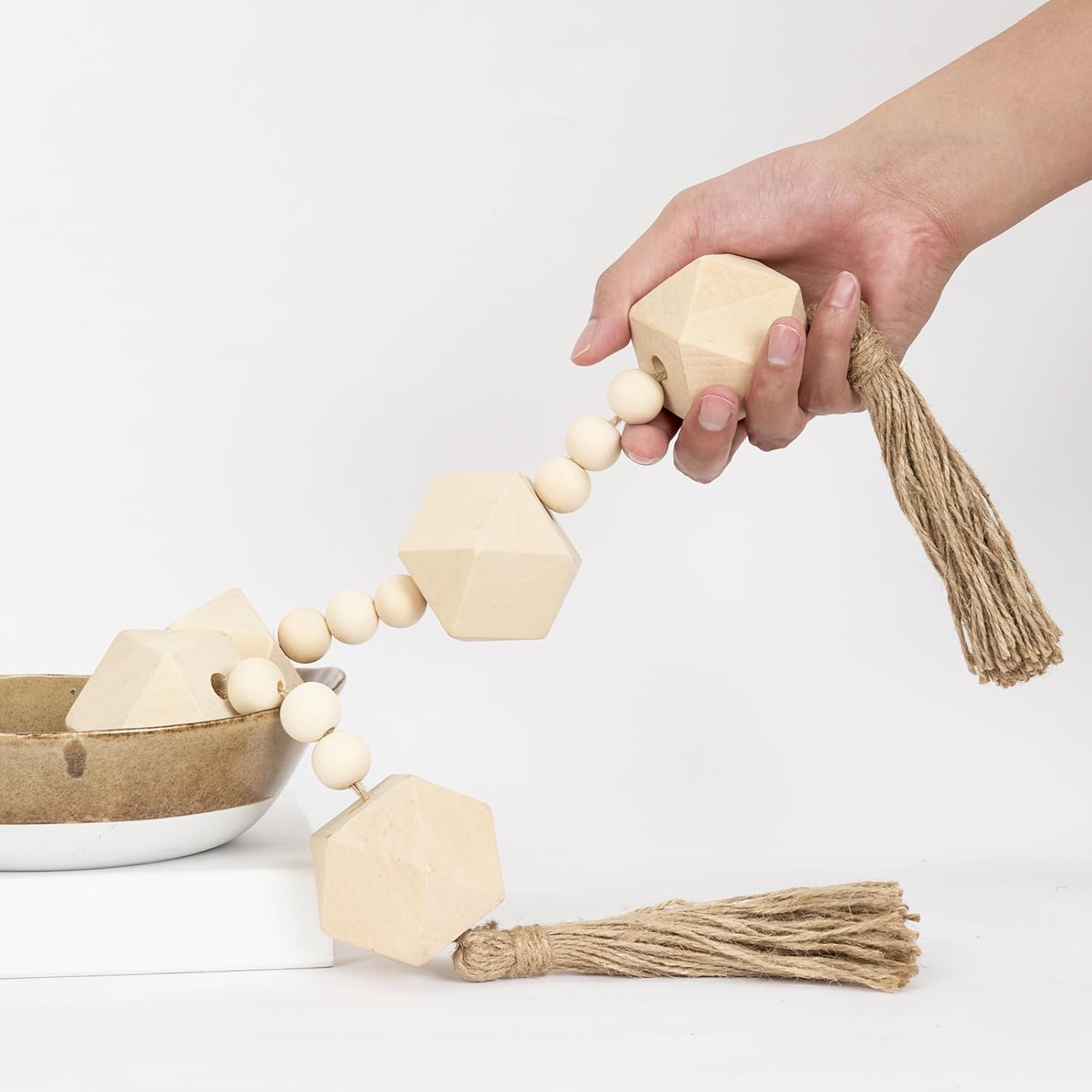2&#34; Octagonal Extra Large Wood Bead Garland with Tassels, 28&#34; Long Rustic Farmhouse Wooden Beads Garland, Decorative Beads Boho Decorations for Home Table Mantle Natural Beige
