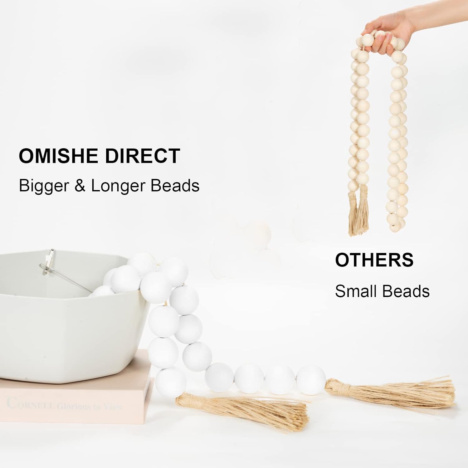 OMISHE 50&#34; Long Extra Large Wood Bead Garland with 1.6&#34; Diameter Wooden Beads and Tassels, Rustic Farmhouse Country Decorative Beads for Home Tiered Tray Decor, White