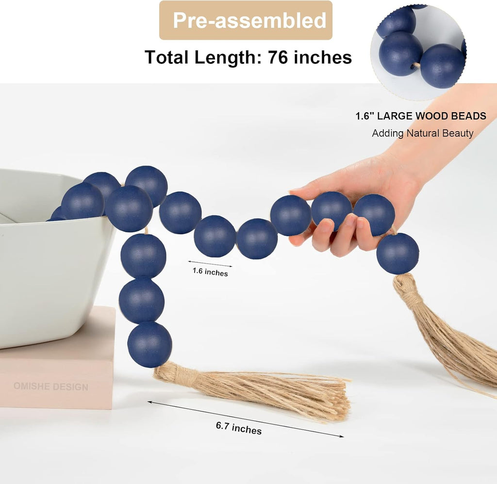 OMISHE 76&#34; Long Extra Large Wood Bead Garland Navy Blue with 1.6&#34; Diameter Wooden Beads and Tassels, Rustic Farmhouse Country Decorative Beads for Home Decor Tiered Tray Decor, Navy Blue