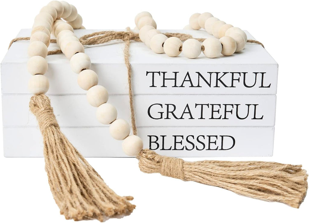 Decorative Books for Home Decor, White Faux Books for Decoration, Rustic Farmhouse Stacked Display Books (Thankful Grateful Blessed)