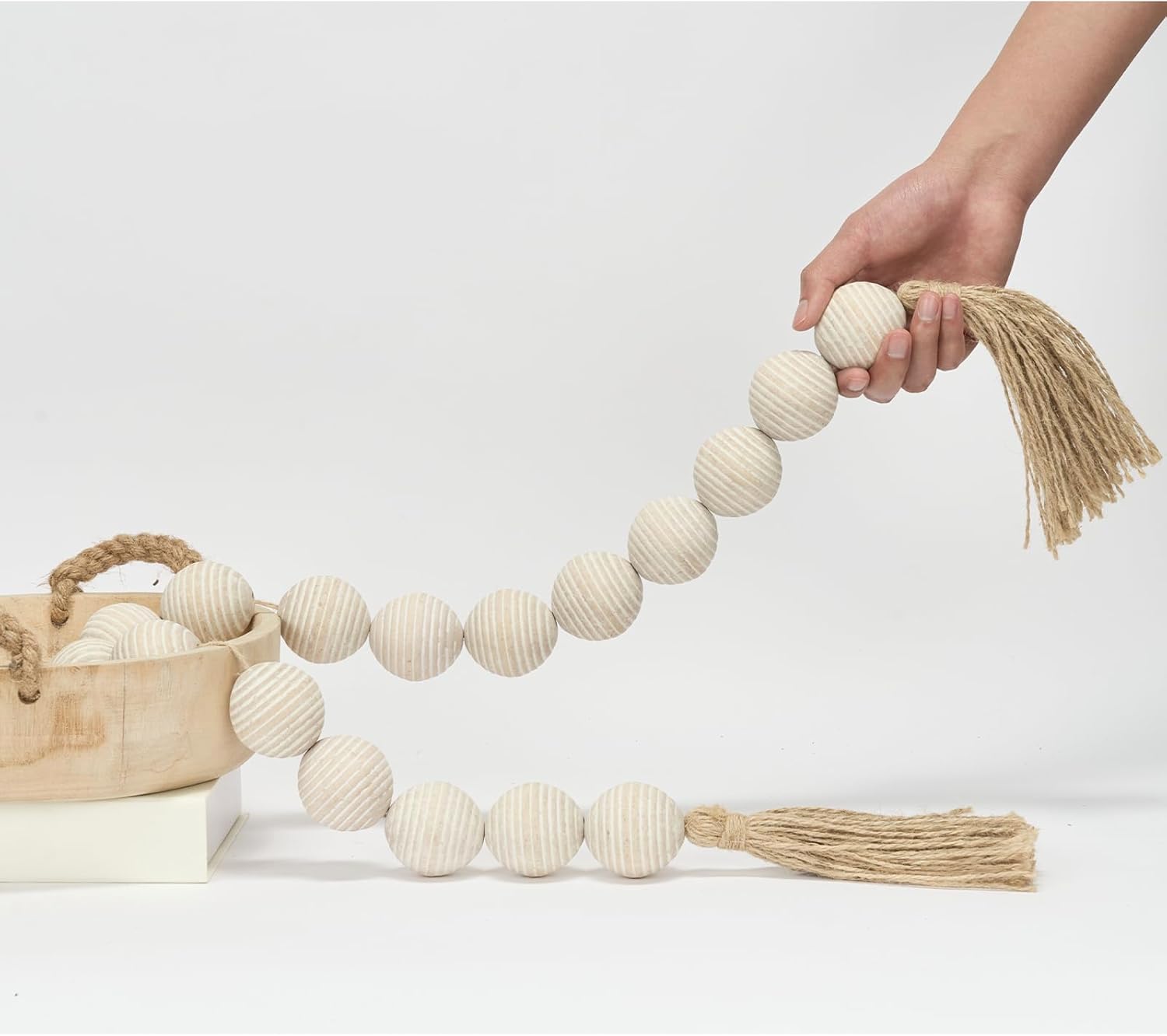 50&#34; Long Ribbed Extra Large Wood Bead Garland with 2&#34; Diameter Wooden Beads, Rustic Farmhouse Wooden Beads Garland with Tassels, Boho Decorative Beads for Home Table Mantle Rustic White