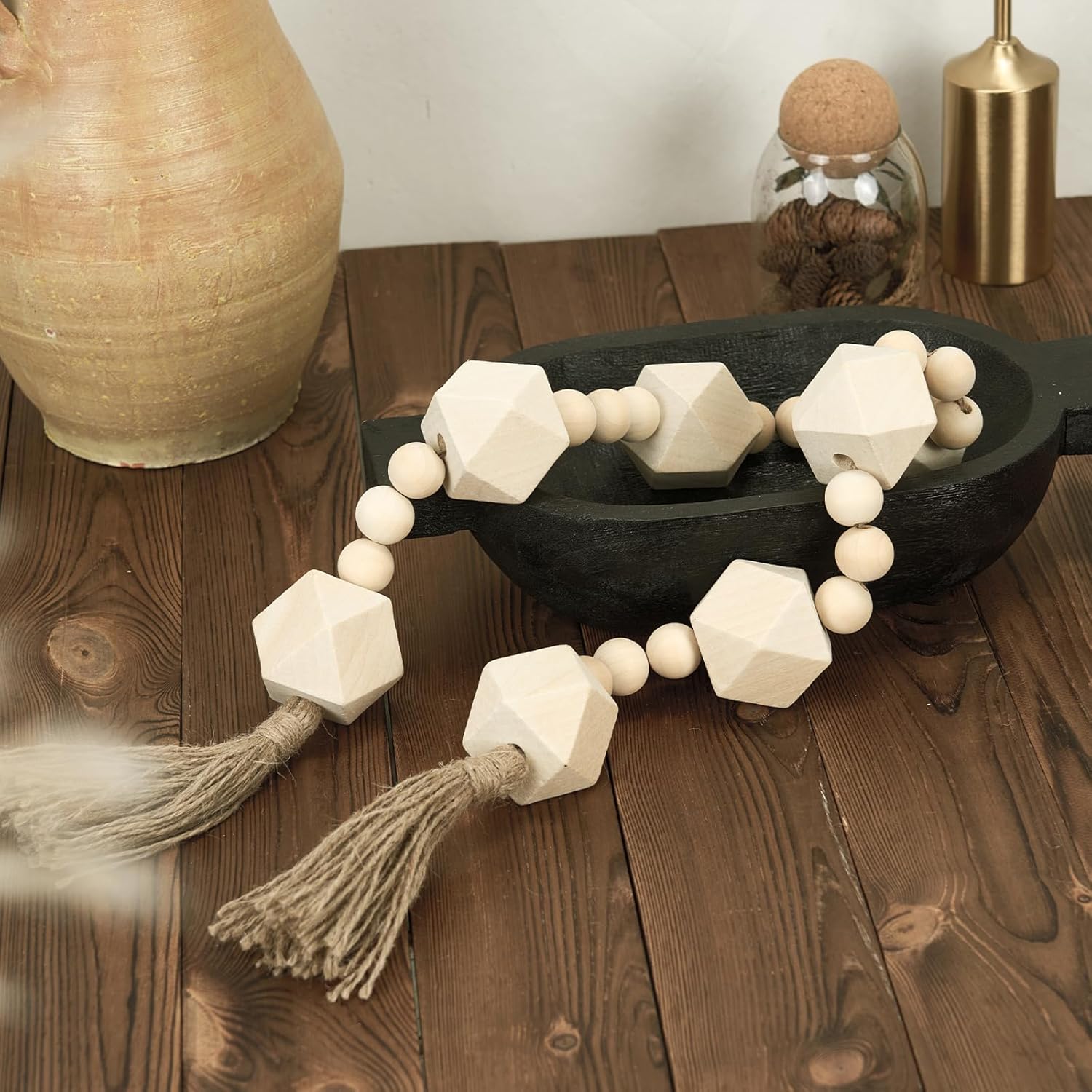 Extra Large Wood Bead Garland with 2&#34; Diameter Wooden Beads, 42&#34; Long Rustic Farmhouse Wooden Beads Garland with Tassels, Decorative Beads Boho Decorations for Home Table Mantle Natural Beige