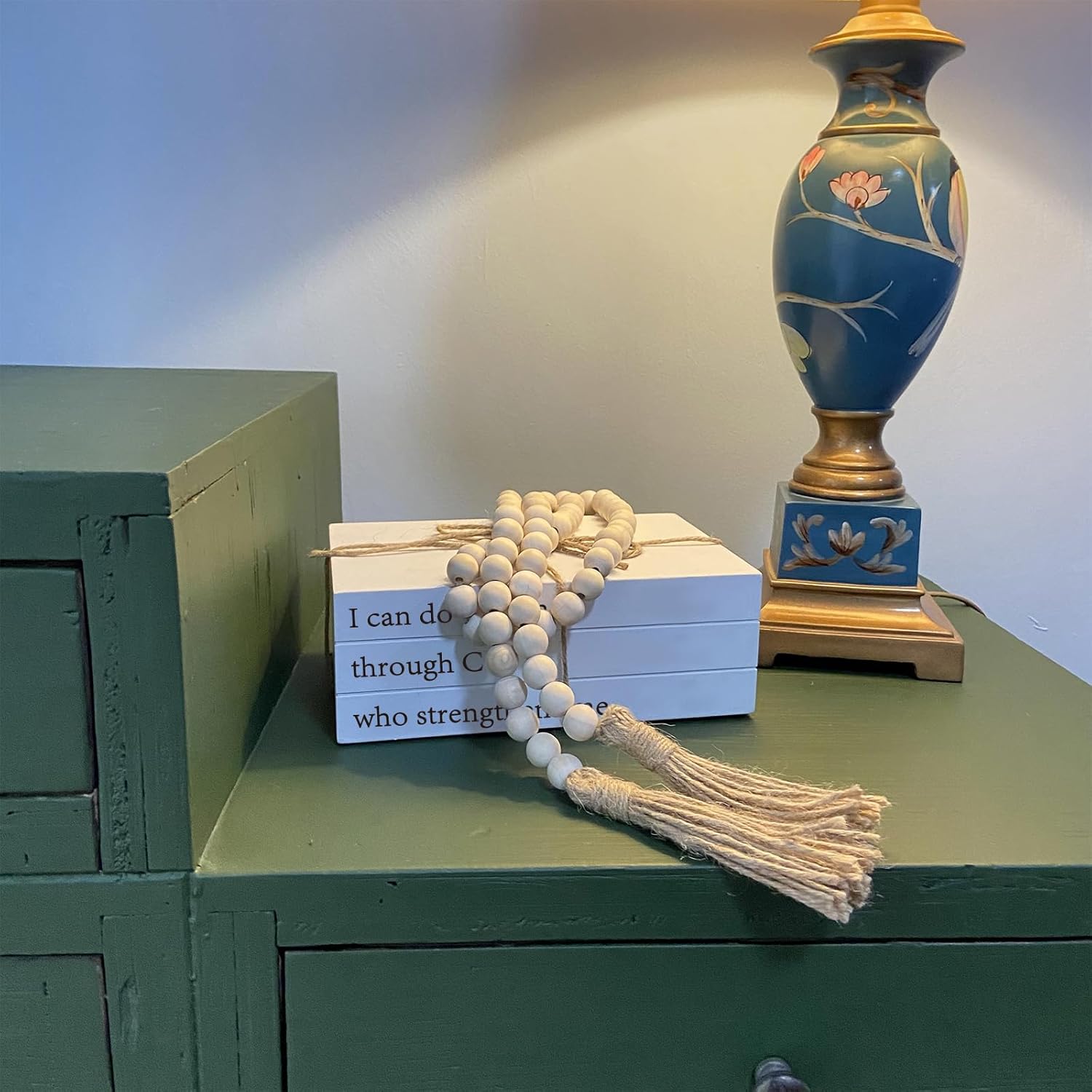 Decorative Books for Home Decor, White Faux Books for Decoration, Rustic Farmhouse Stacked Books with 52in Wood Bead Garland for Coffee Table Mantle Fireplace (I can do All Things Through Christ)