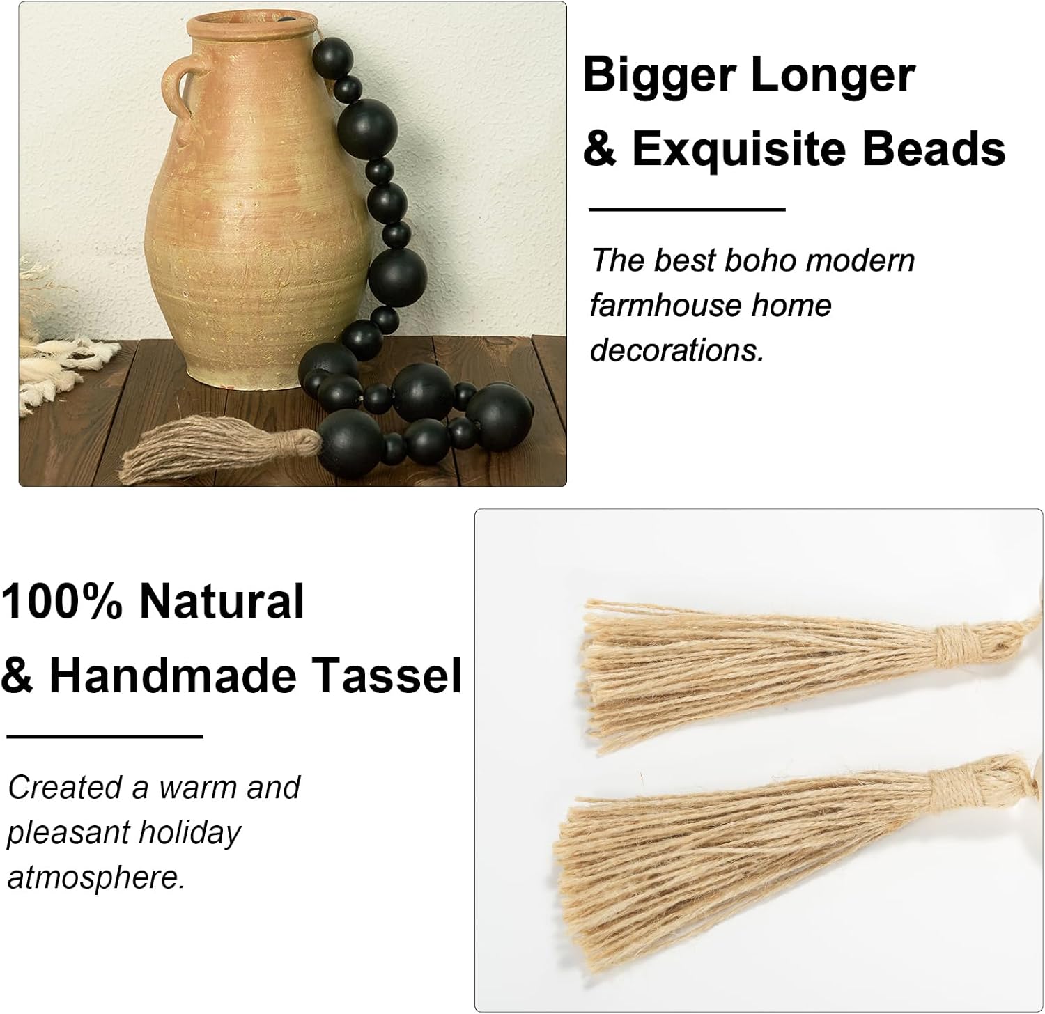 2&#34; Extra Large Wood Bead Garland with Tassels, 44&#34; Long Rustic Farmhouse Wooden Beads Garland, Decorative Beads Boho Decorations for Home Table Mantle Black
