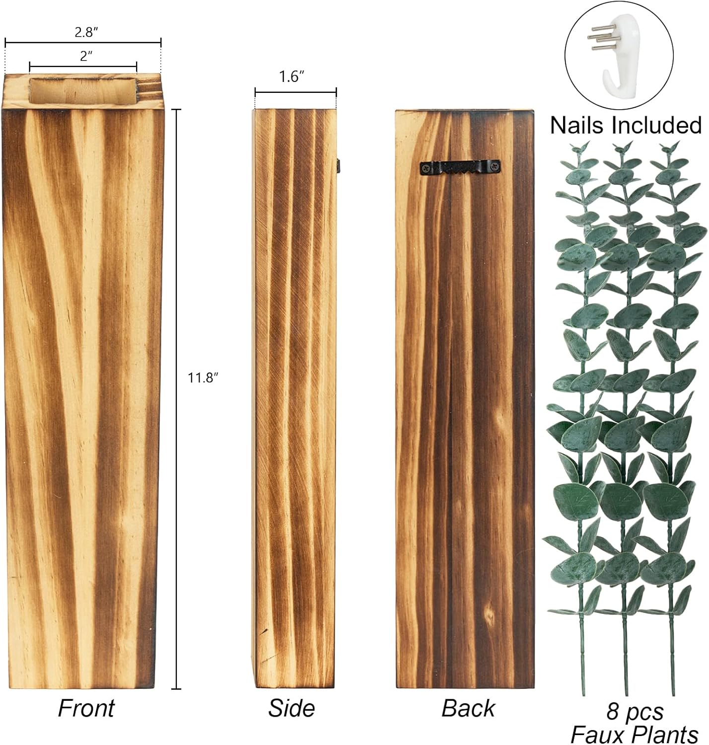 4 Pack Wood Wall Planters with 8 Pcs Artificial Eucalyptus, Plant Wall Decor for Living Room, Bedroom, Bathroom, Office, Wall Hanging Decor Wall Vase with Faux Plants, Brown