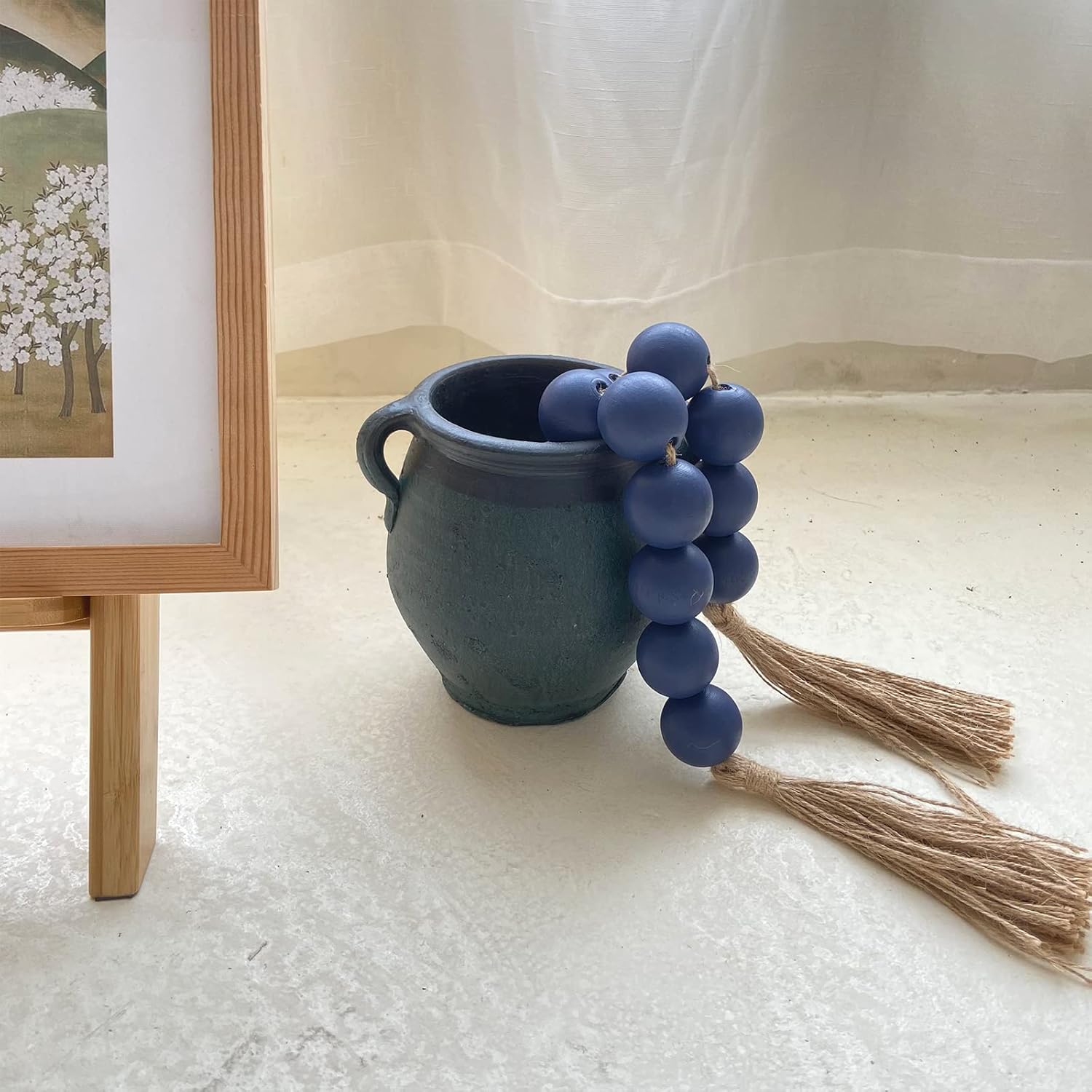OMISHE Extra Large Wood Bead Garland in Navy Blue with 1.6&#34; Diameter Wooden Beads and Tassels, 41&#34; Long Rustic Farmhouse Country Decorative Beads for Home Wooden Decor, Navy Blue