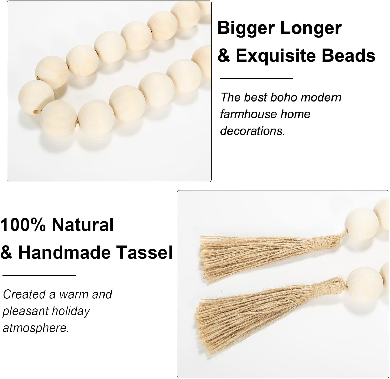 OMISHE 40&#34; Long Large Wood Bead Garland with 1.2&#34; Diameter Wooden Beads and Tassels, Rustic Farmhouse Country Wood Beads Garland for Home Tiered Tray Decor, Decorative Beads with Tassels Beige