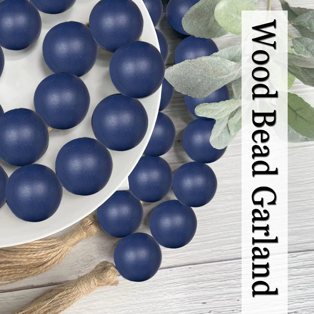 OMISHE 76&#34; Long Extra Large Wood Bead Garland Navy Blue with 1.6&#34; Diameter Wooden Beads and Tassels, Rustic Farmhouse Country Decorative Beads for Home Decor Tiered Tray Decor, Navy Blue