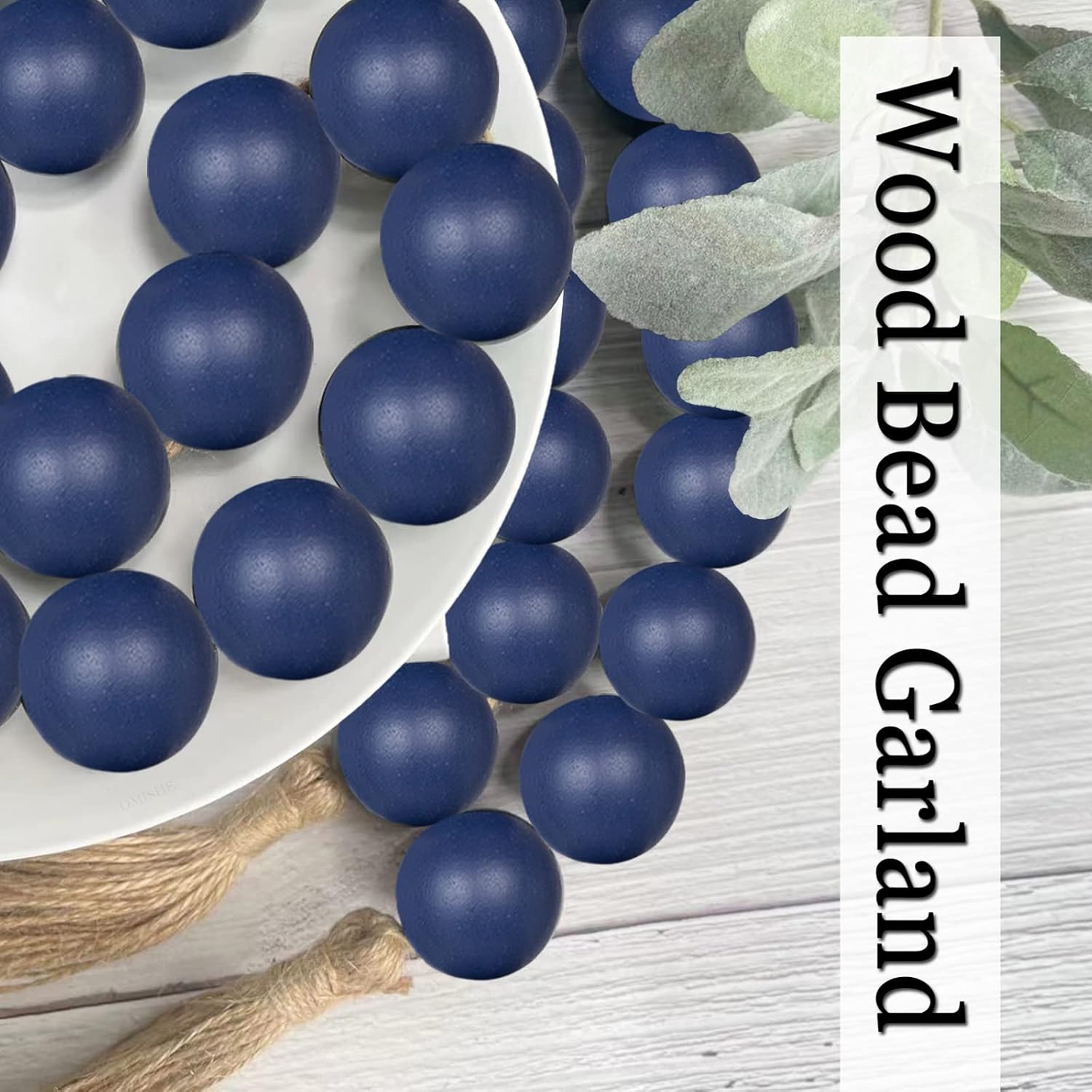 OMISHE 76&#34; Long Extra Large Wood Bead Garland Navy Blue with 1.6&#34; Diameter Wooden Beads and Tassels, Rustic Farmhouse Country Decorative Beads for Home Decor Tiered Tray Decor, Navy Blue