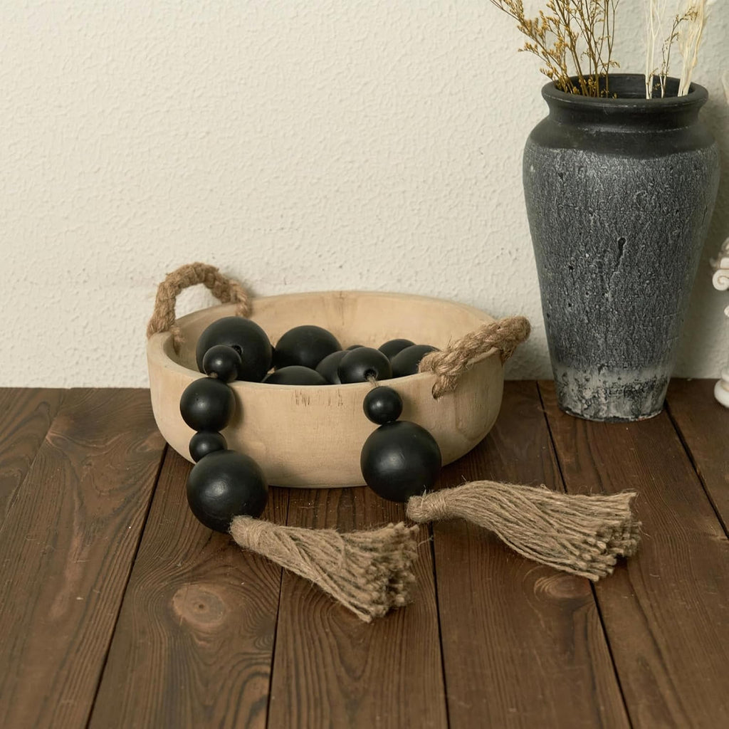 2&#34; Extra Large Wood Bead Garland with Tassels, 44&#34; Long Rustic Farmhouse Wooden Beads Garland, Decorative Beads Boho Decorations for Home Table Mantle Black