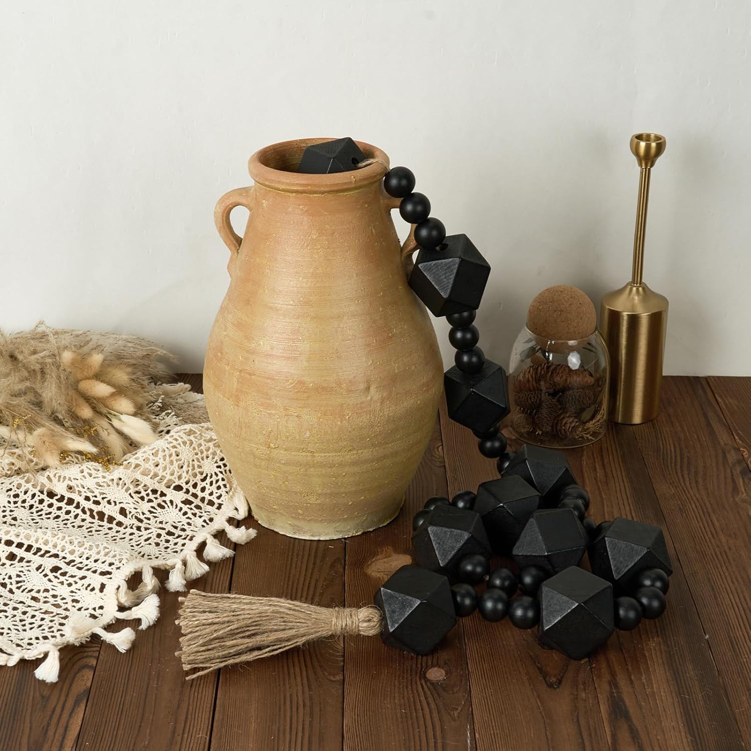 2&#34; Octagonal Extra Large Wood Bead Garland with Tassels, 55&#34; Long Rustic Farmhouse Wooden Beads Garland, Decorative Beads Boho Decorations for Home Table Mantle Black